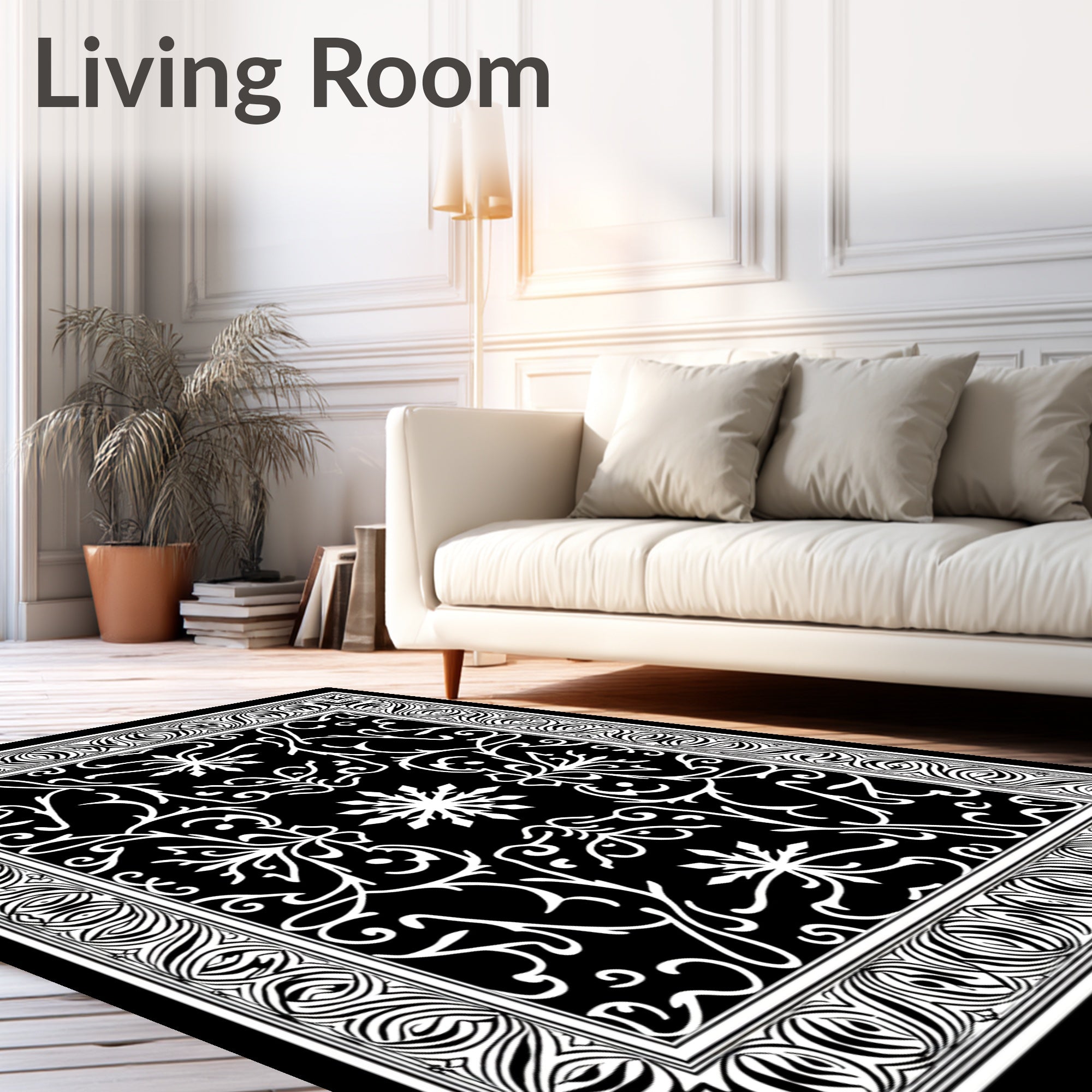 Black White Intricate Scroll Work Rug