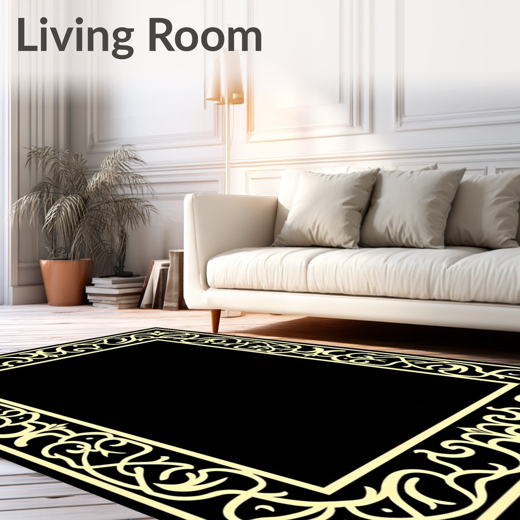 Ornate Cream Black Floral Border Rug