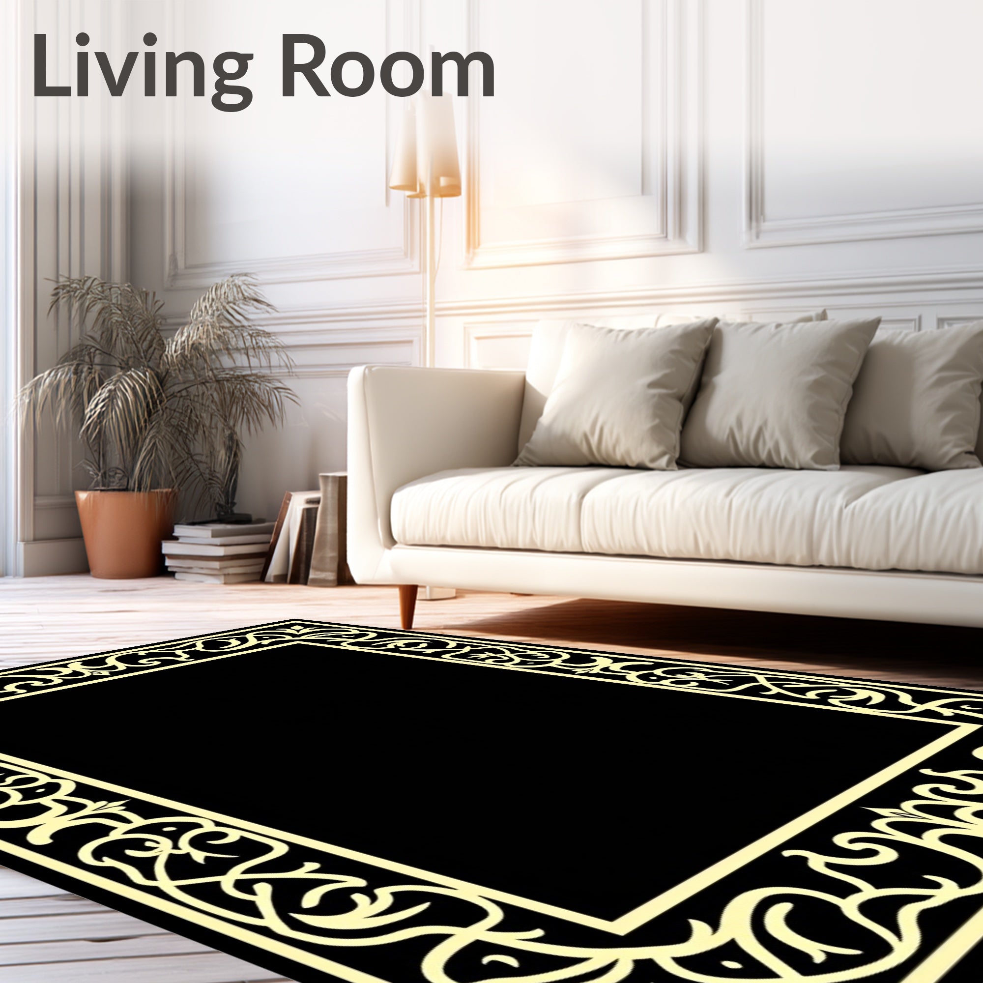 Ornate Cream Black Floral Border Rug