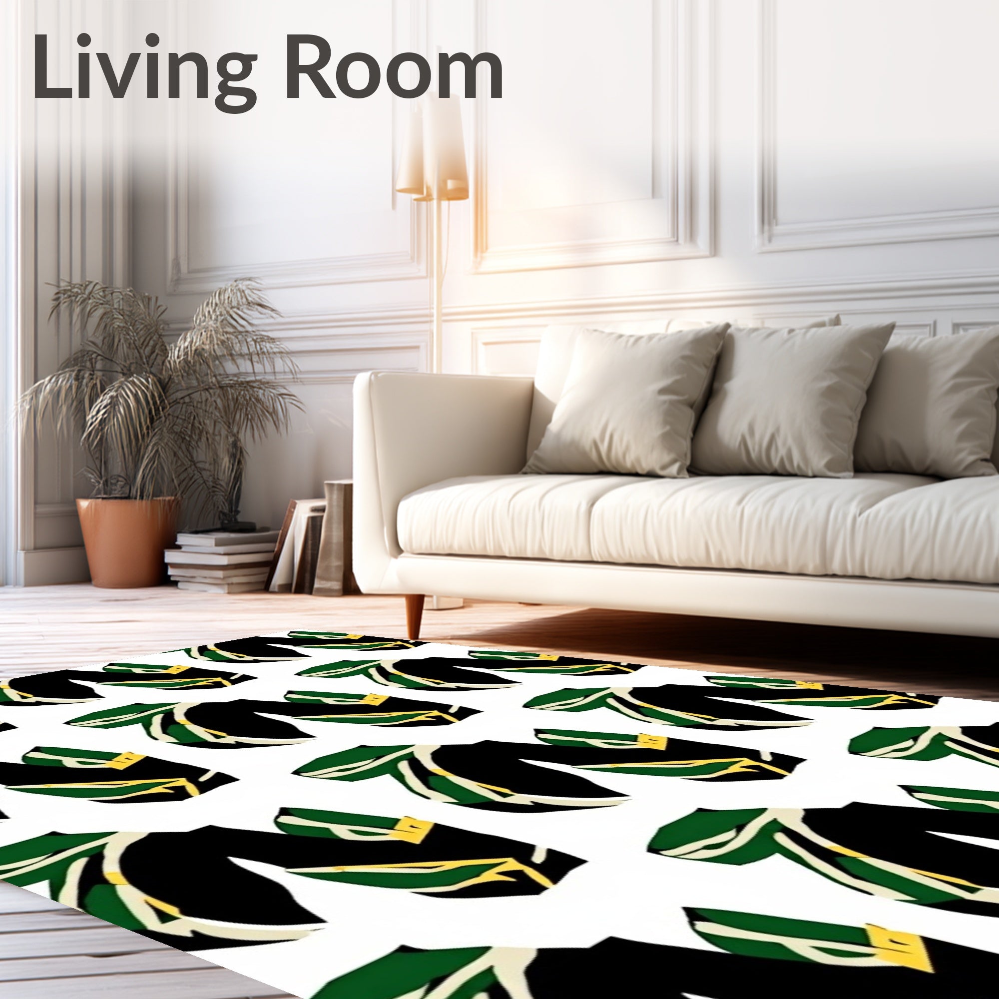 Black Green Golden Leaf Stripe Rug