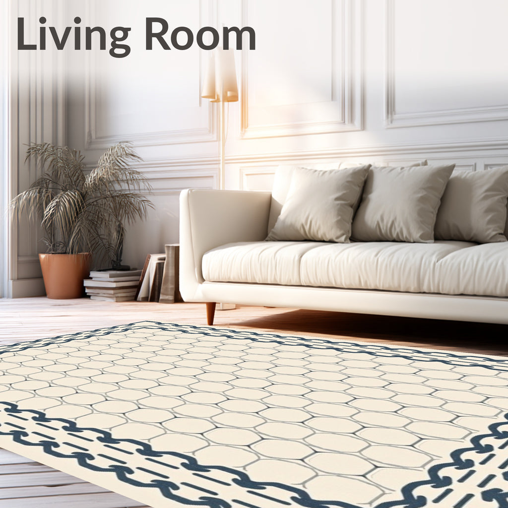 Cream Navy Chain Hexagon Border Rug