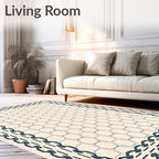 Cream Navy Chain Hexagon Border Rug