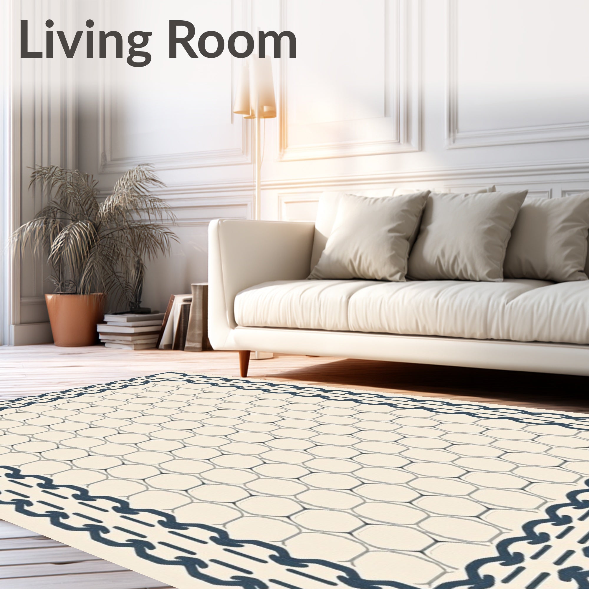 Cream Navy Chain Hexagon Border Rug