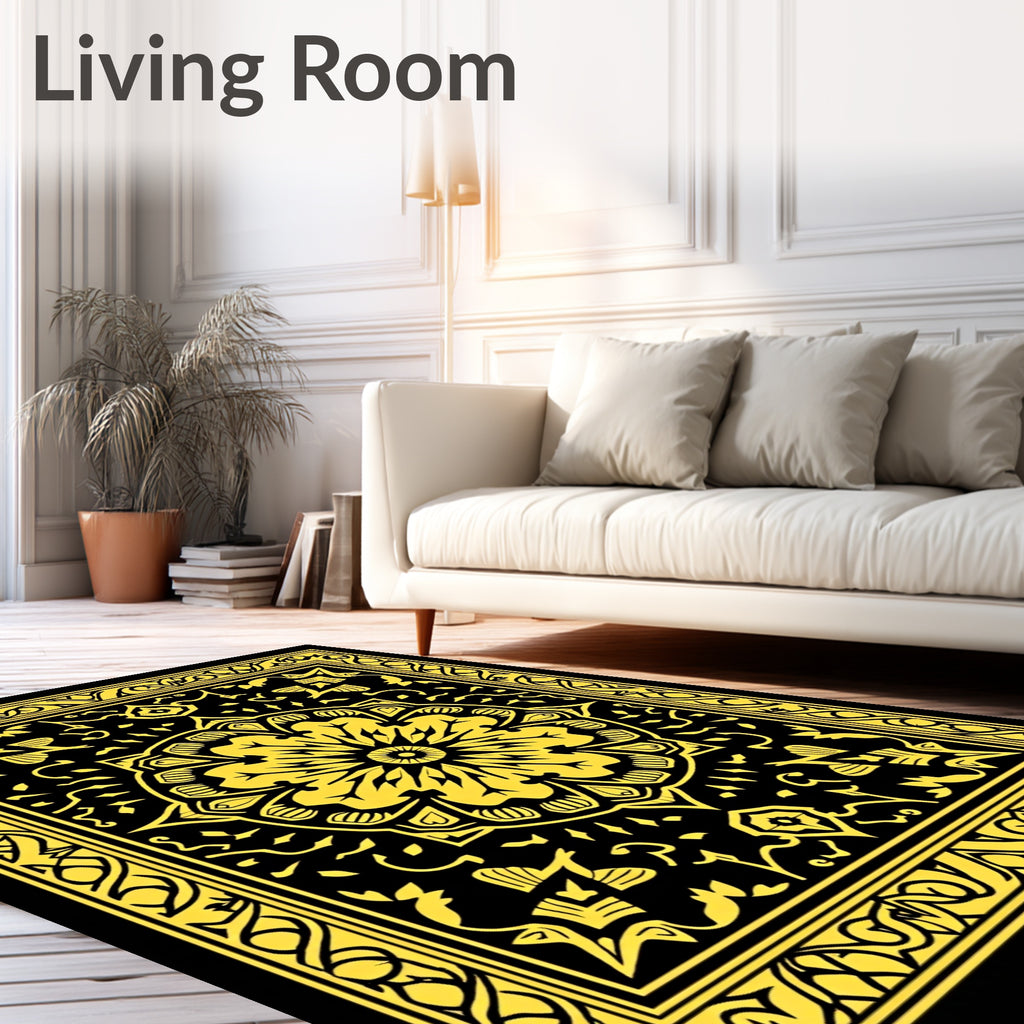 Golden Yellow Floral Mandala Black Rug