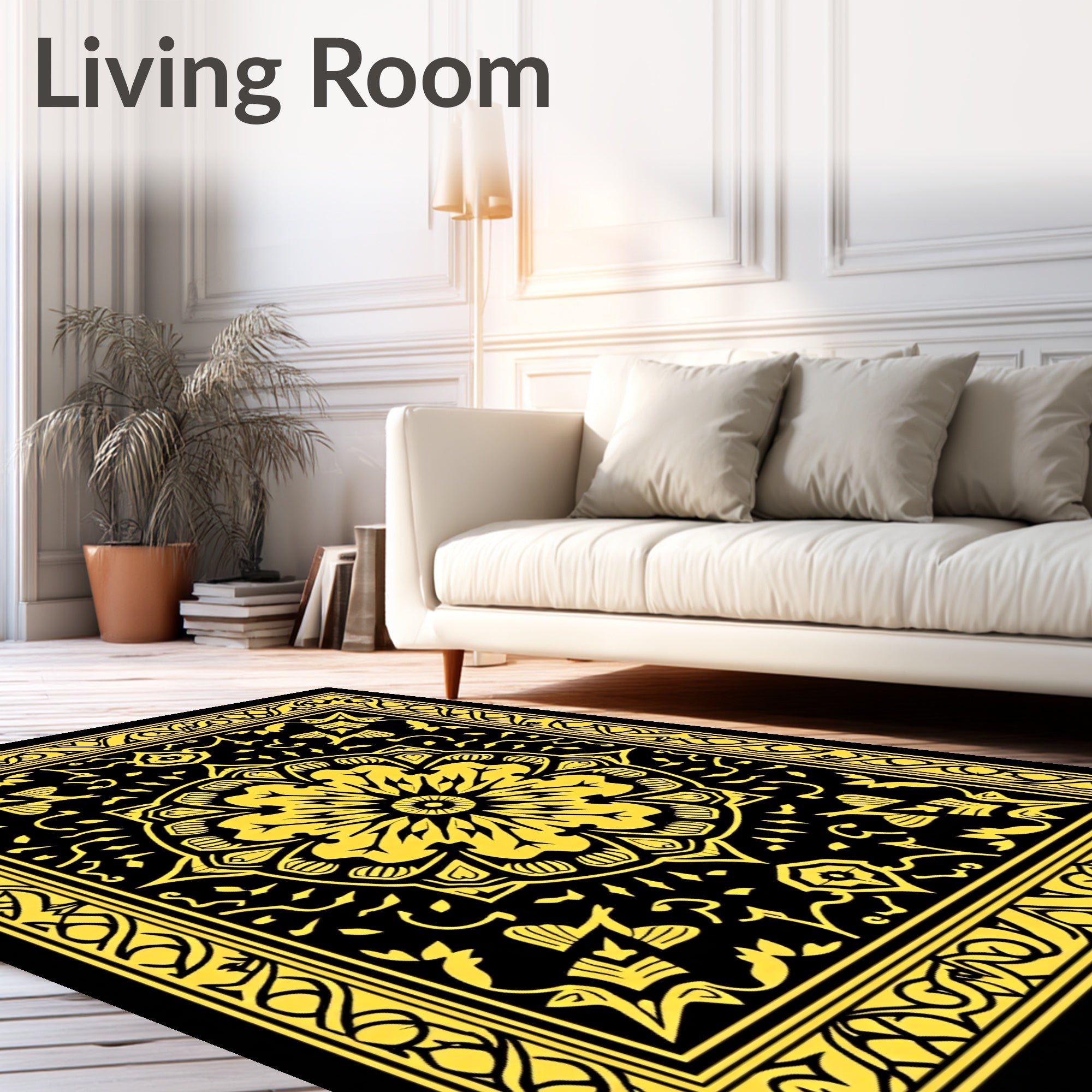 Golden Yellow Floral Mandala Black Rug