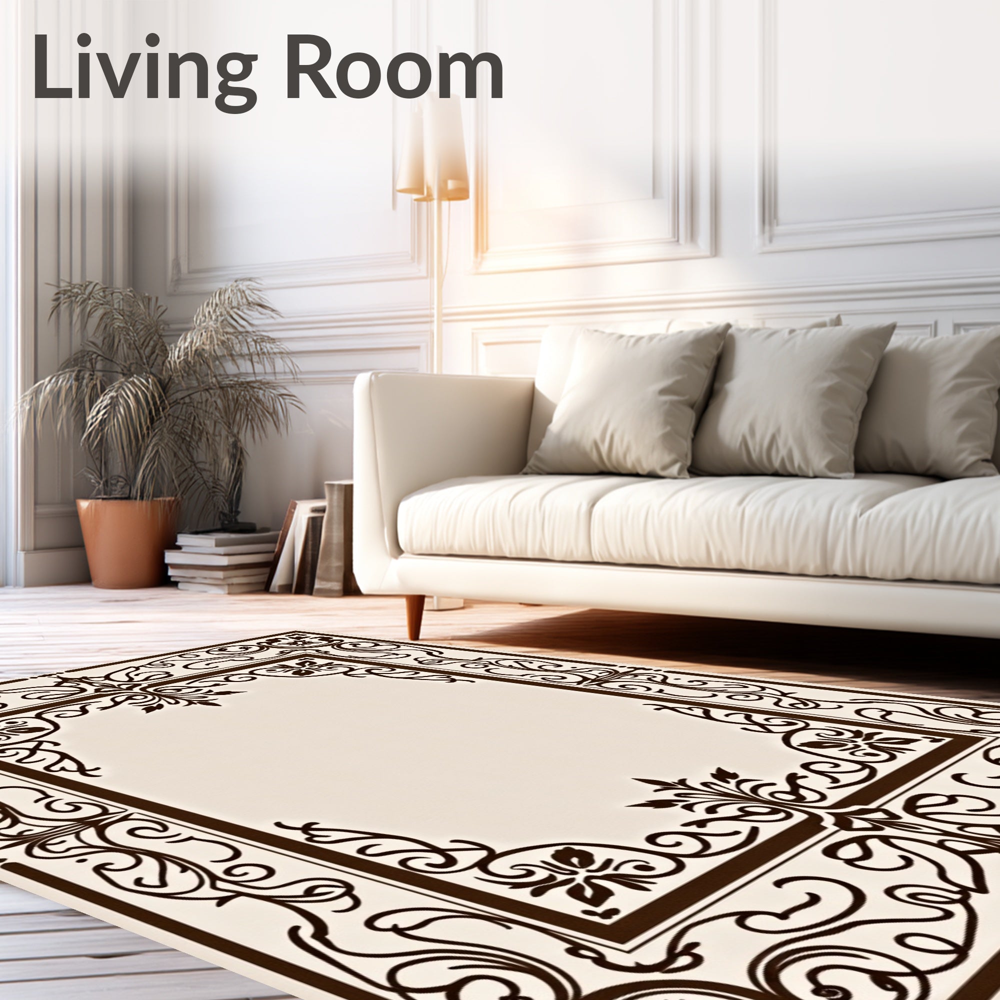 Elegant Brown Floral Scrollwork Frame Rug