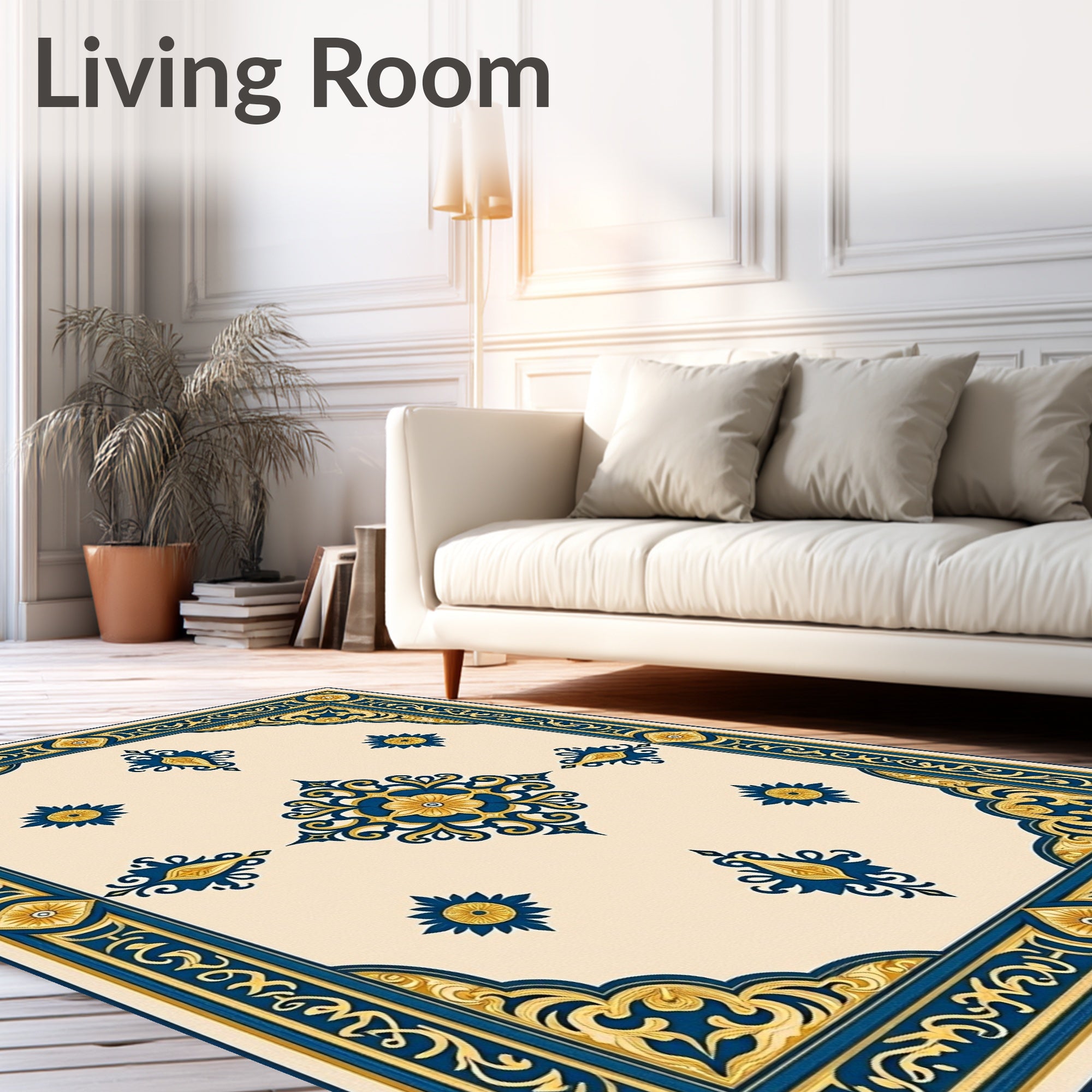Navy Gold Floral Medallion Scroll Rug