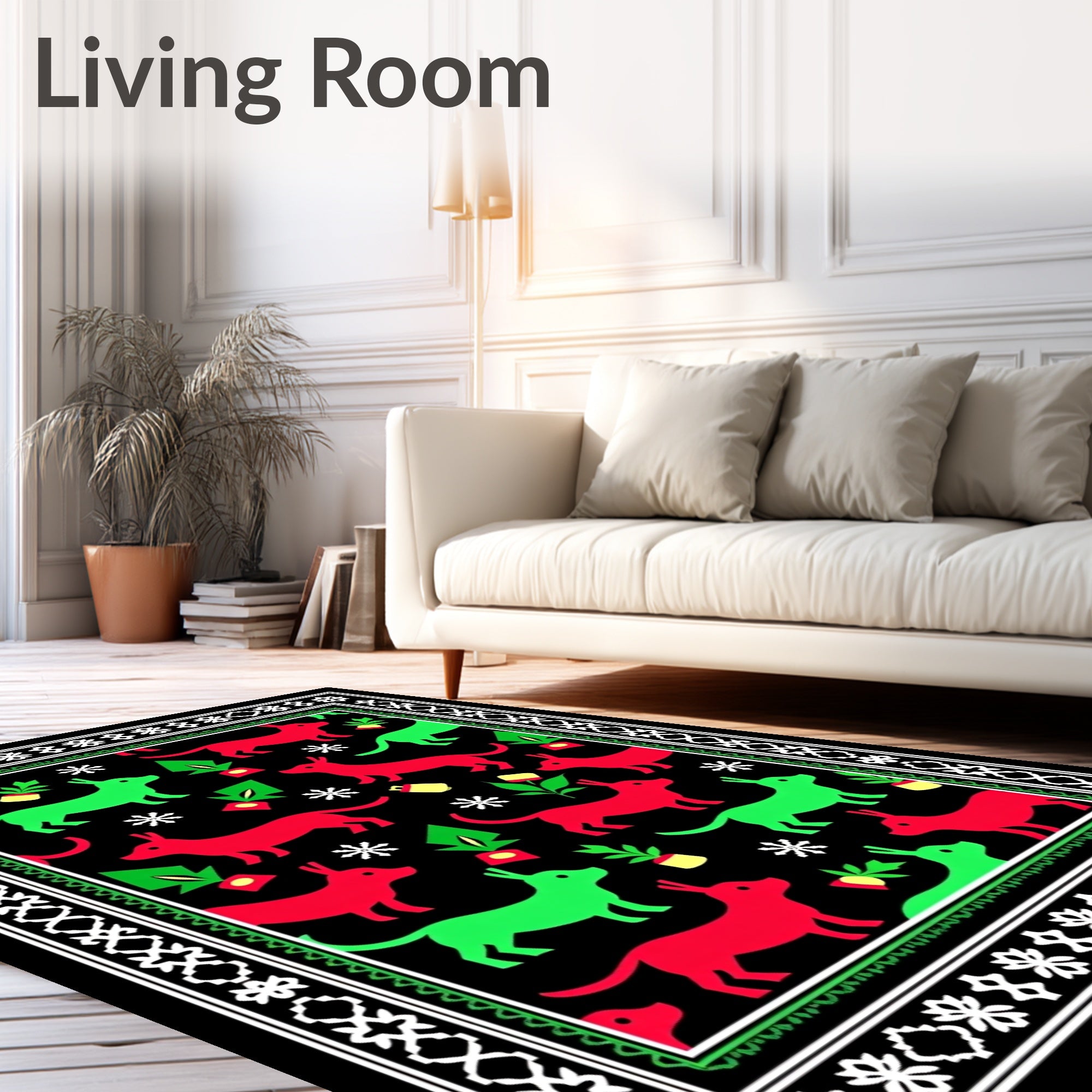 Festive Red Green Dog Border Rug