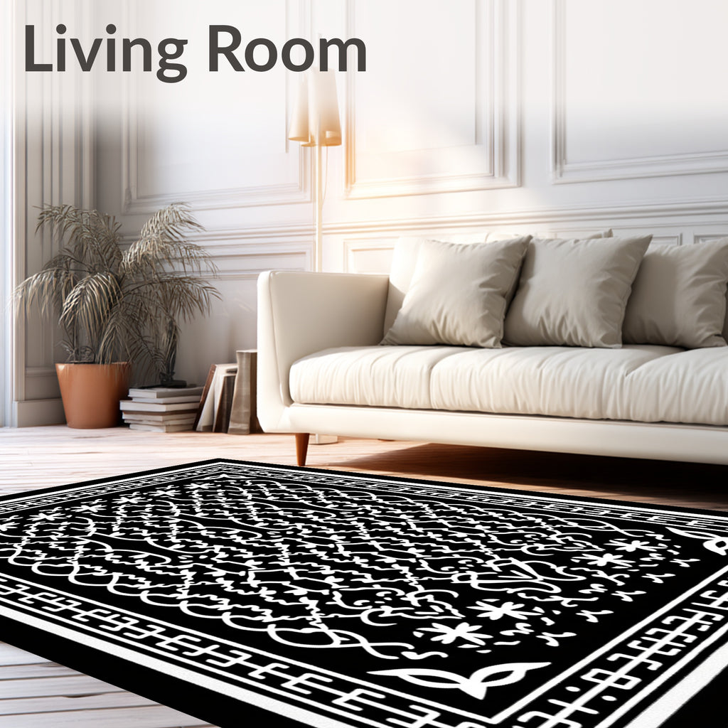 Black White Ornate Scrollwork Medallion Rug