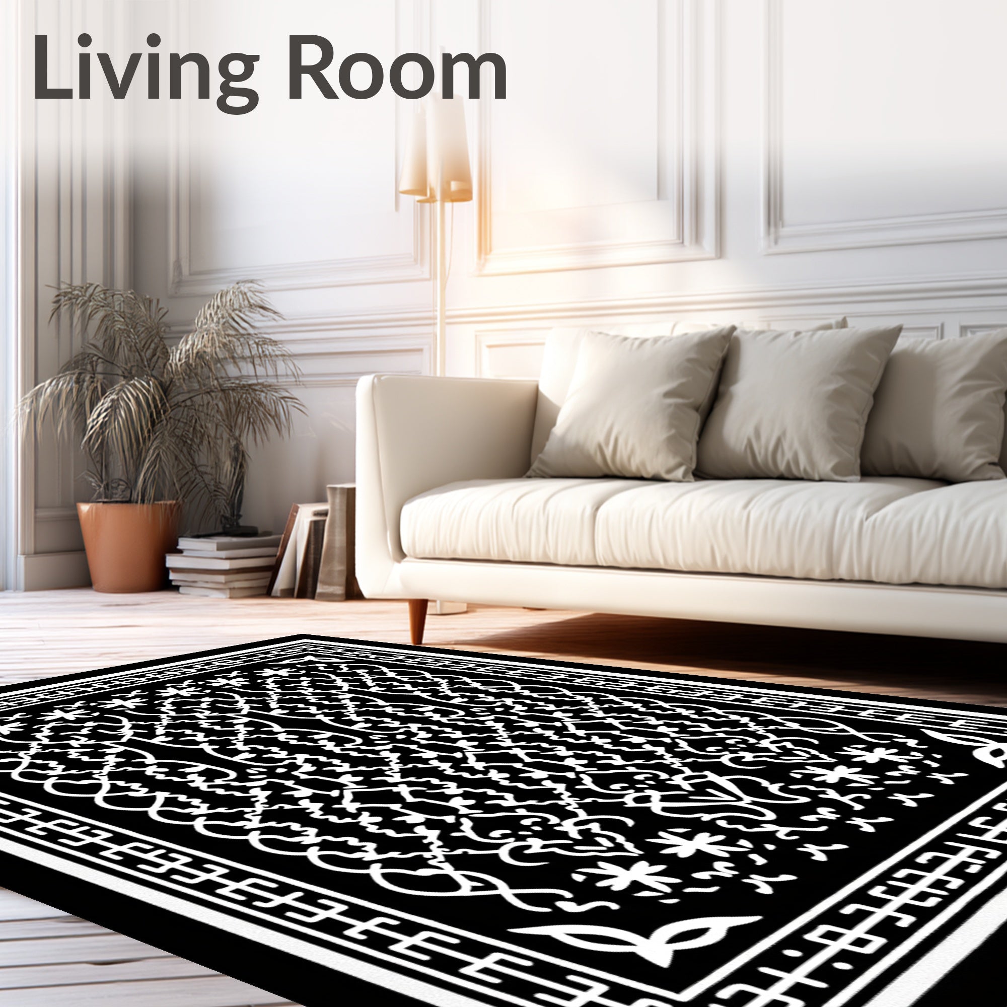 Black White Ornate Scrollwork Medallion Rug