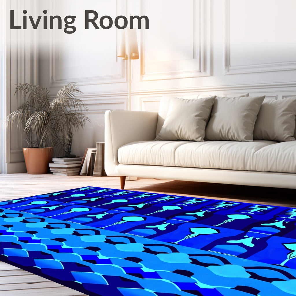 Cool Blue Geometric Border Stripes Rug