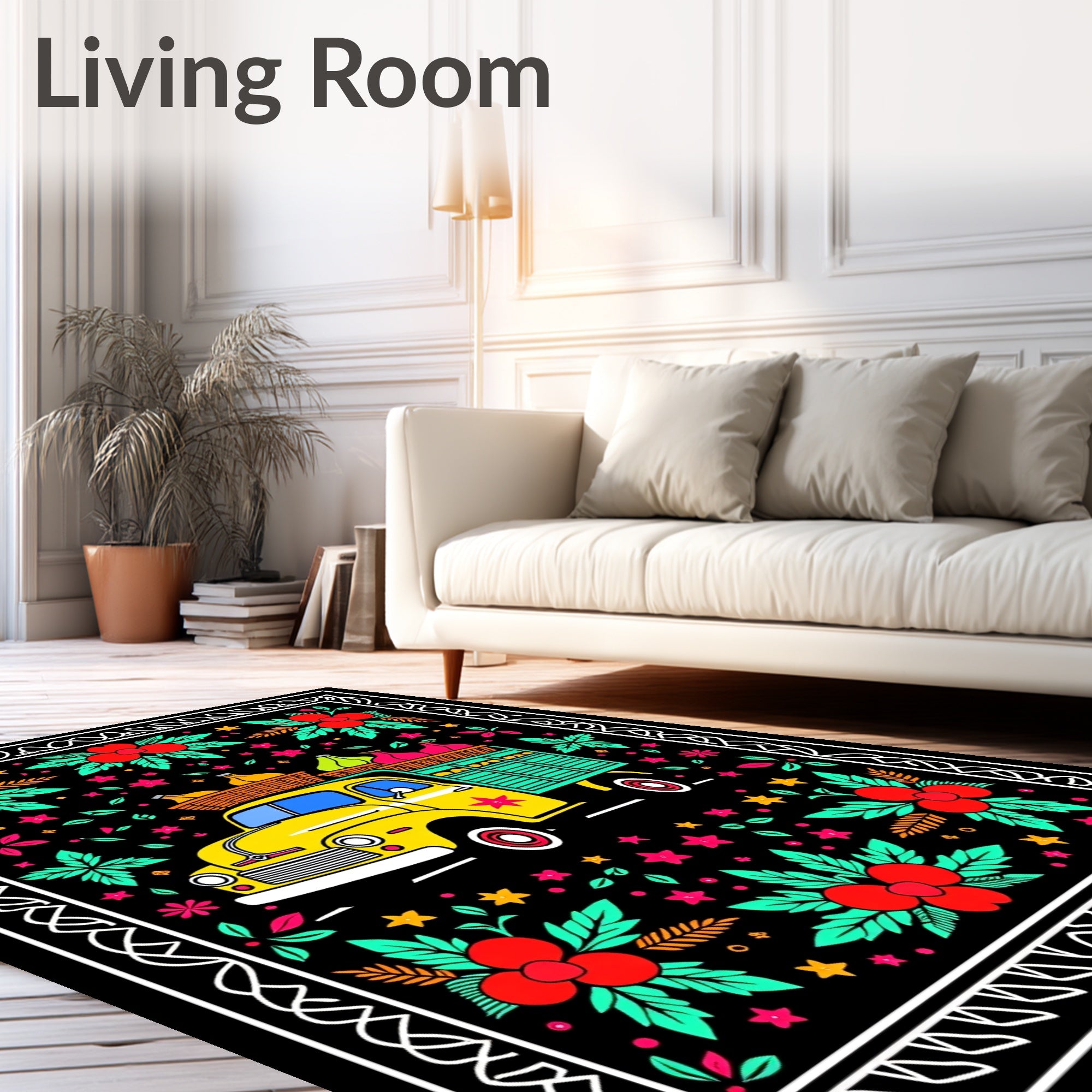 Vibrant Yellow Truck Floral Border Rug