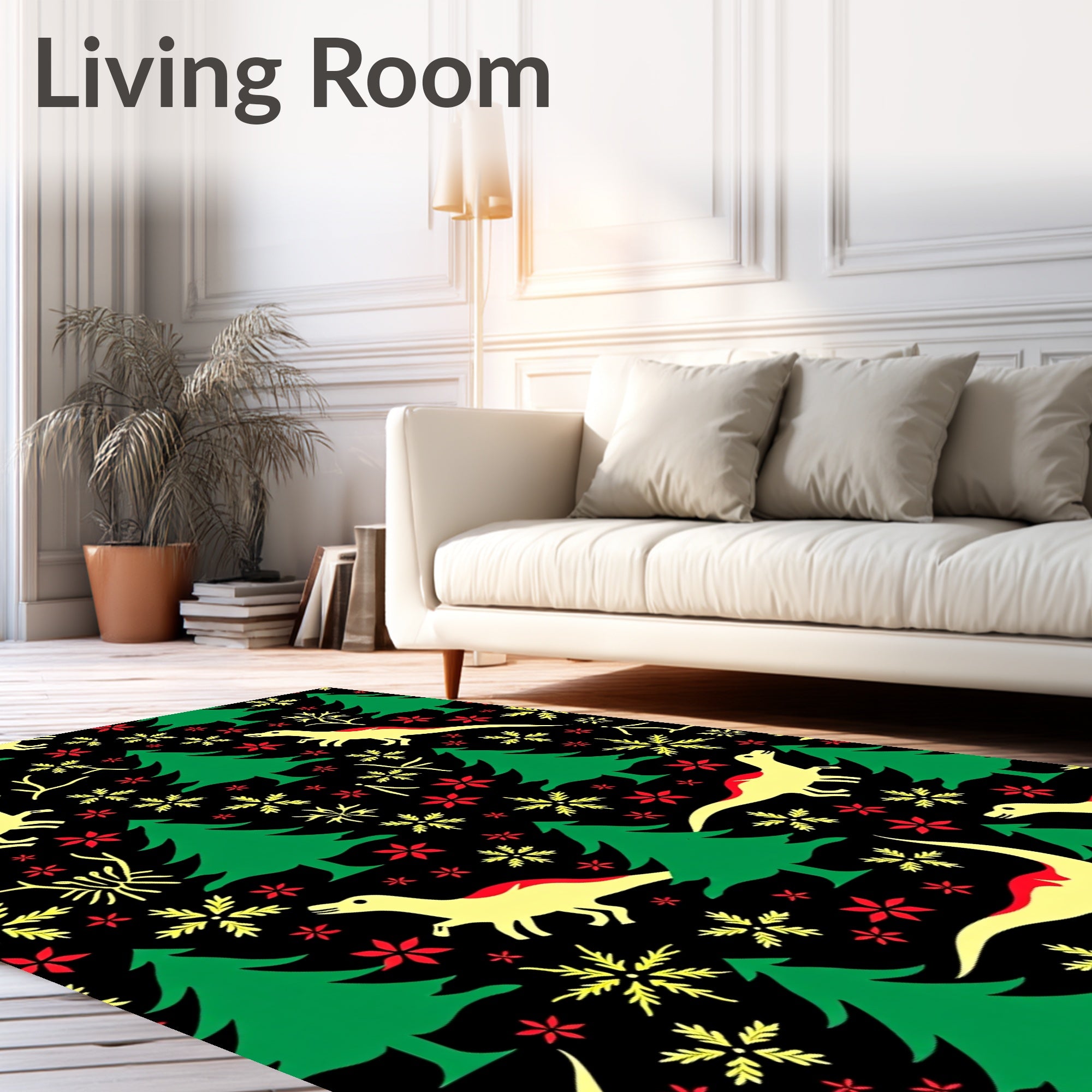 Festive Dinosaur Christmas Tree Snowflakes Rug