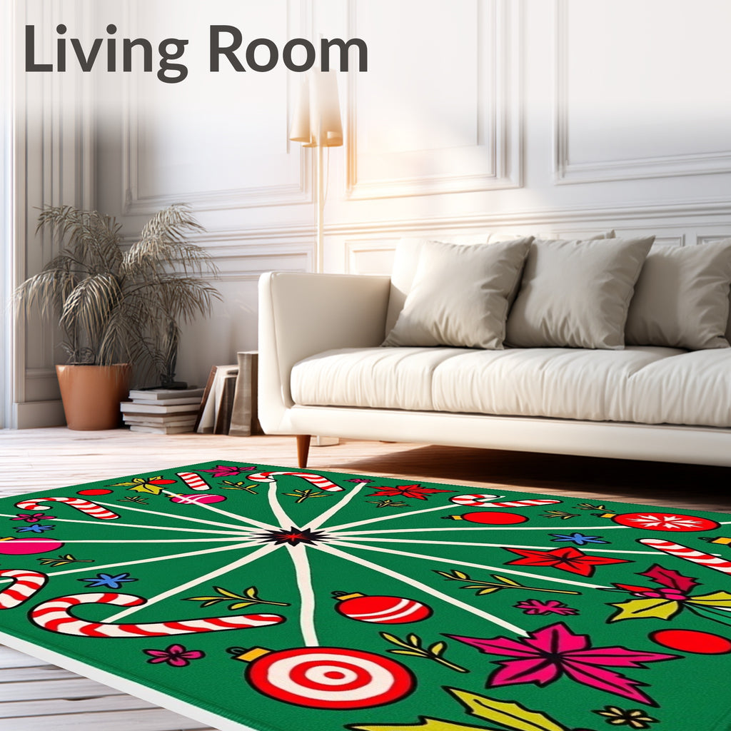 Festive Red Green Candy Cane Holly Rug