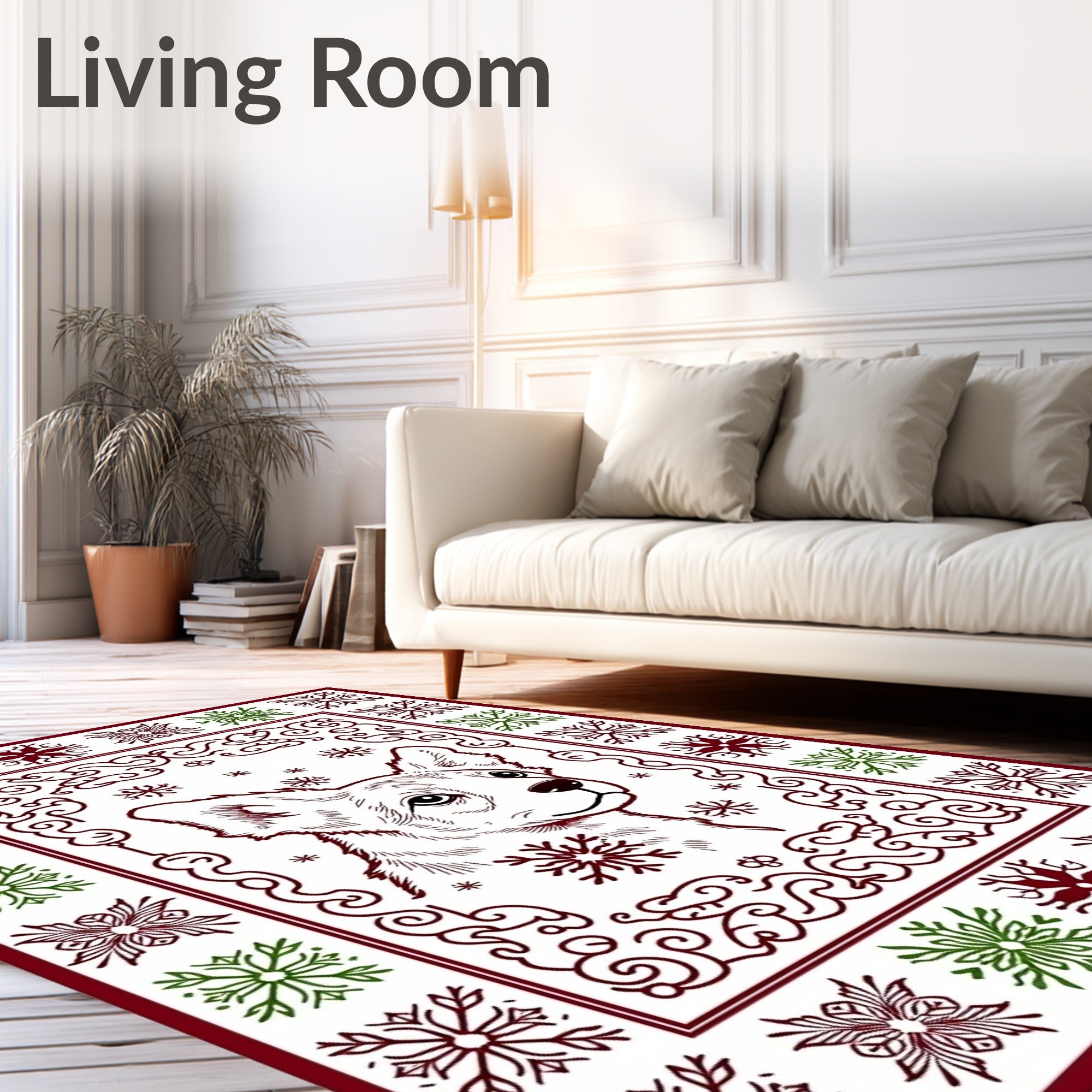 Corgi Snowflakes Red Green Border Rug