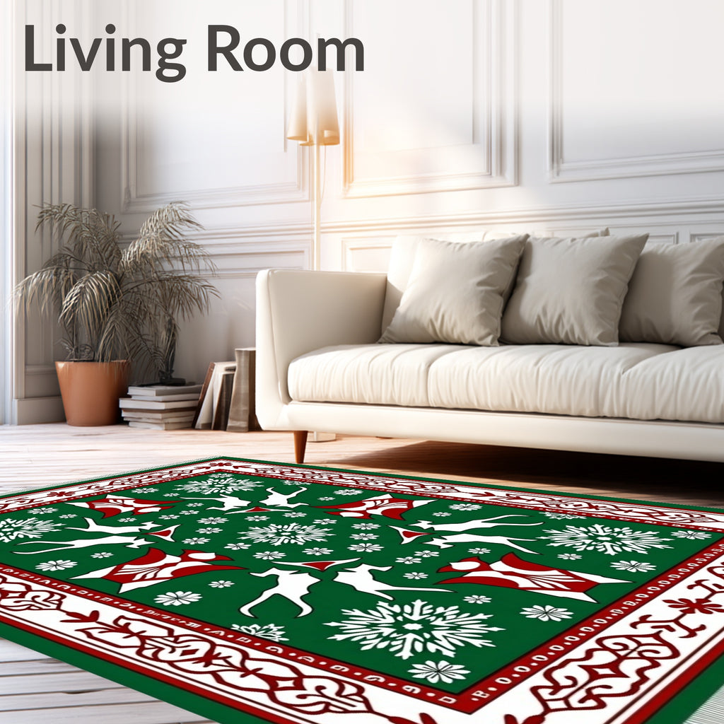 Green White Red Animal Snowflakes Border Rug