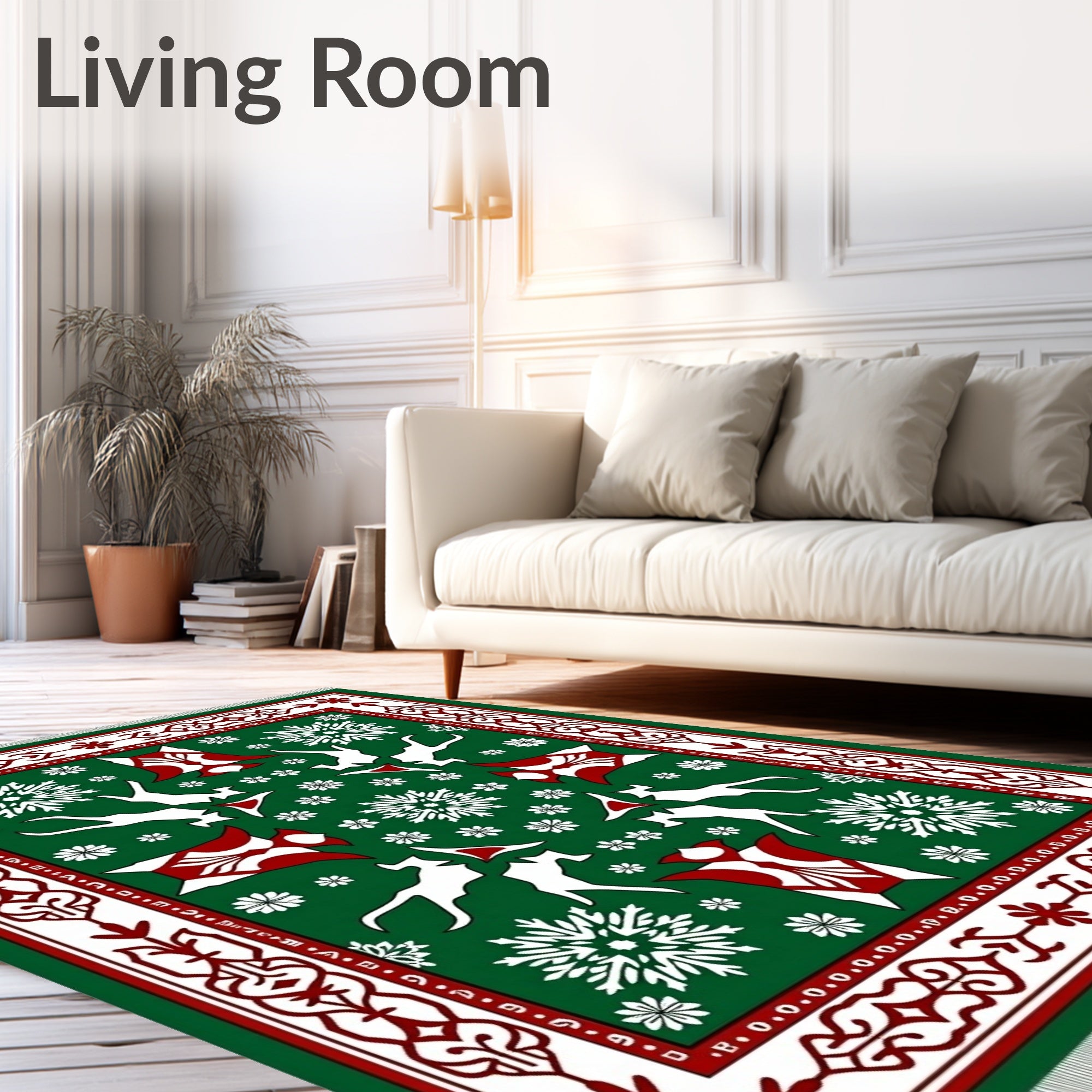 Green White Red Animal Snowflakes Border Rug