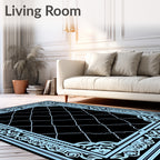 Black Light Blue Scrollwork Diamond Lattice Rug