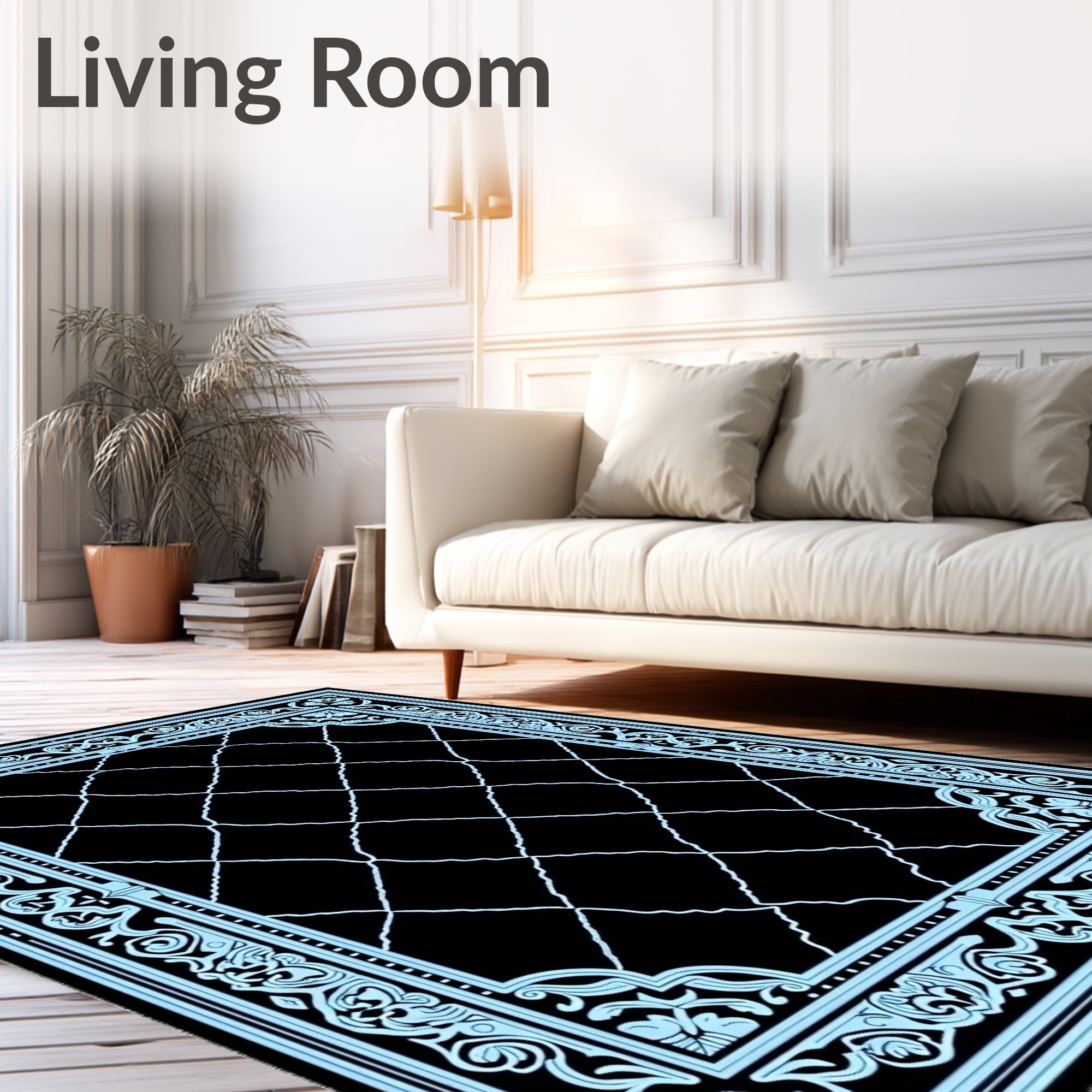 Black Light Blue Scrollwork Diamond Lattice Rug