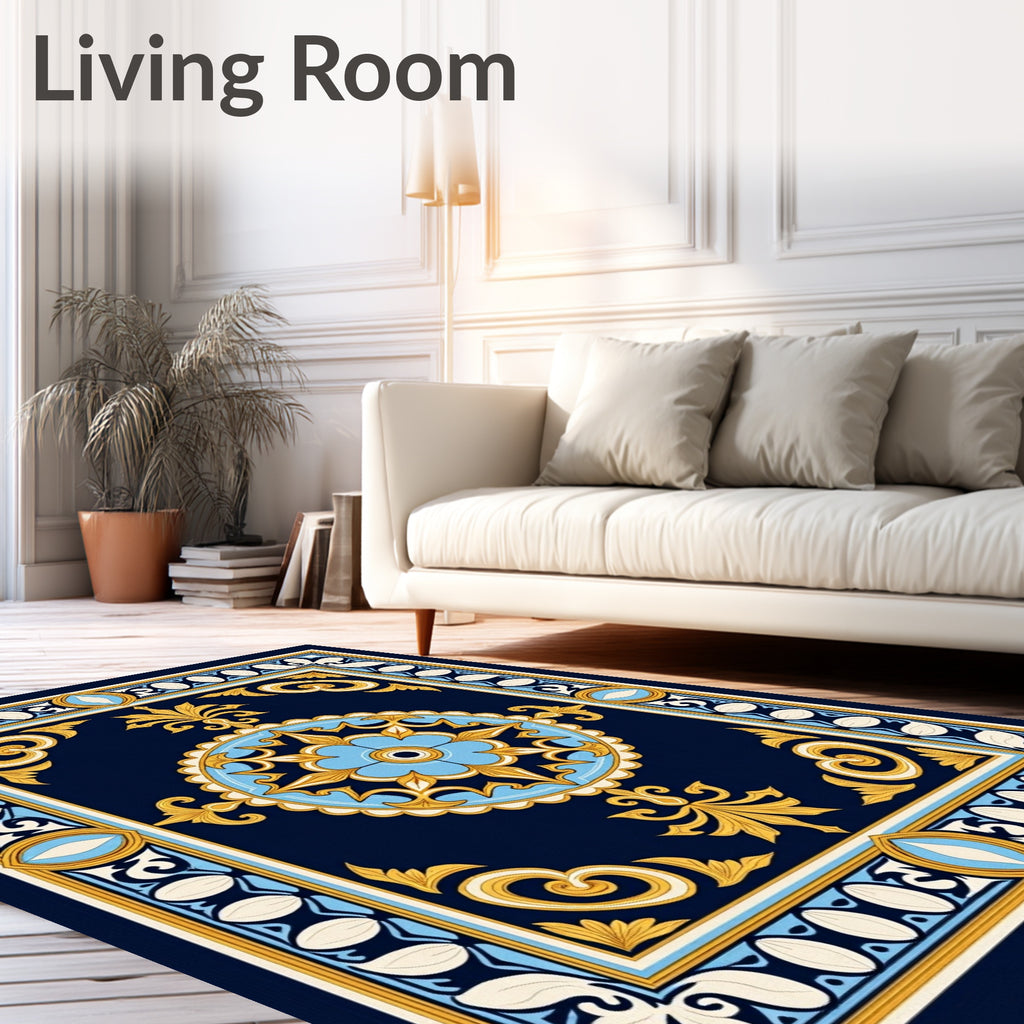 Navy Blue Floral Medallion Frame Rug