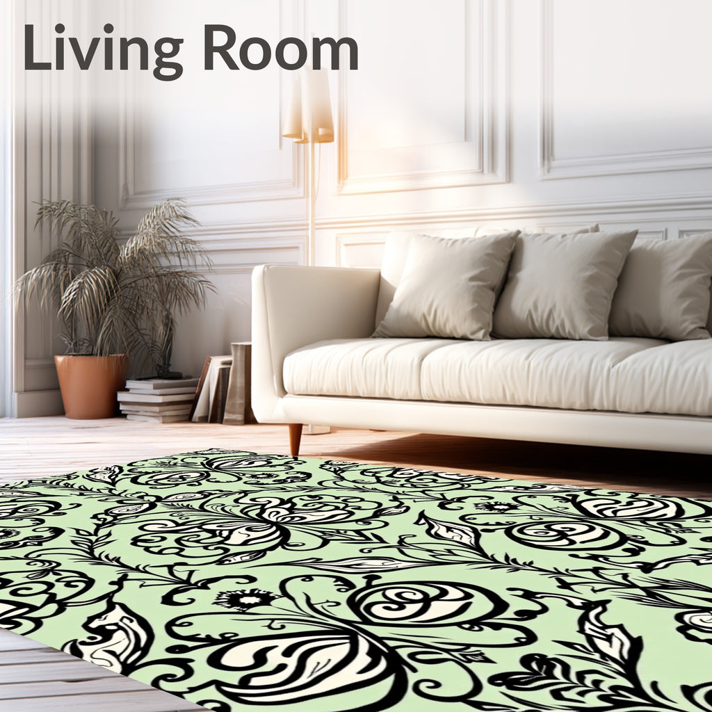 Light Green Black Swirl Floral Arabesque Rug