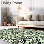 Light Green Black Swirl Floral Arabesque Rug