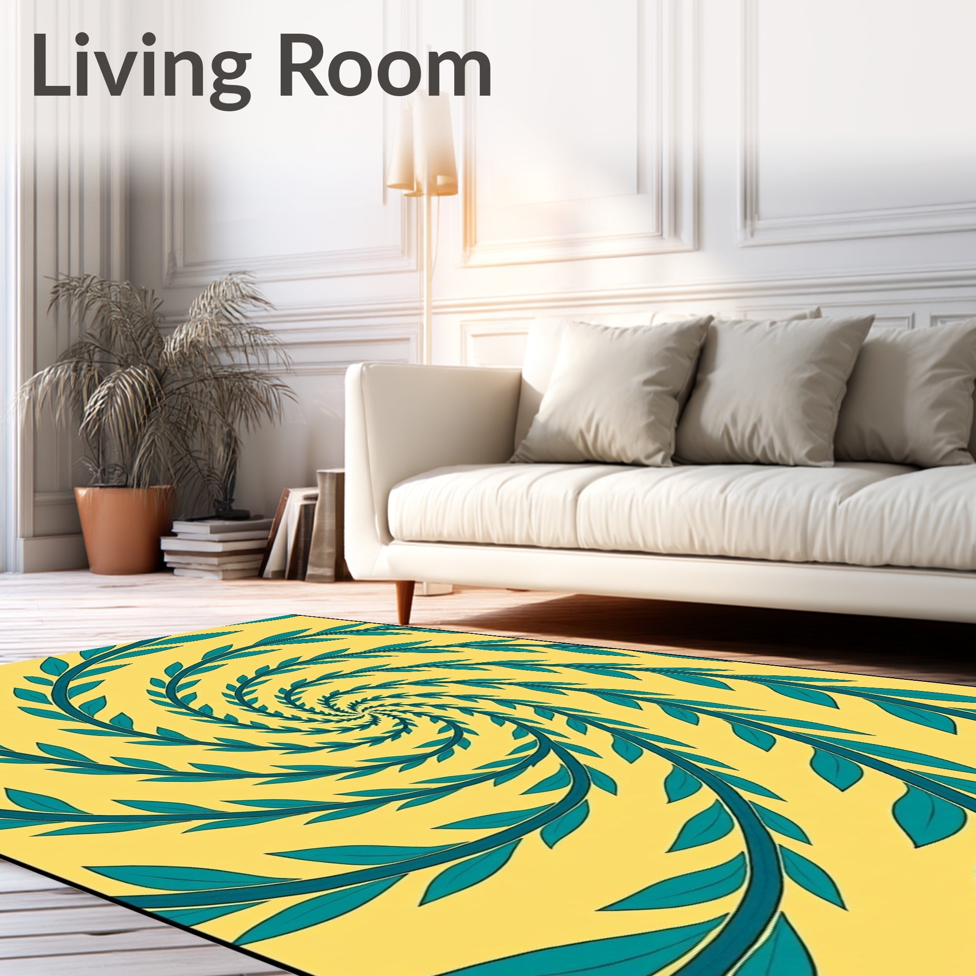 Teal Leaf Swirl Yellow Rug