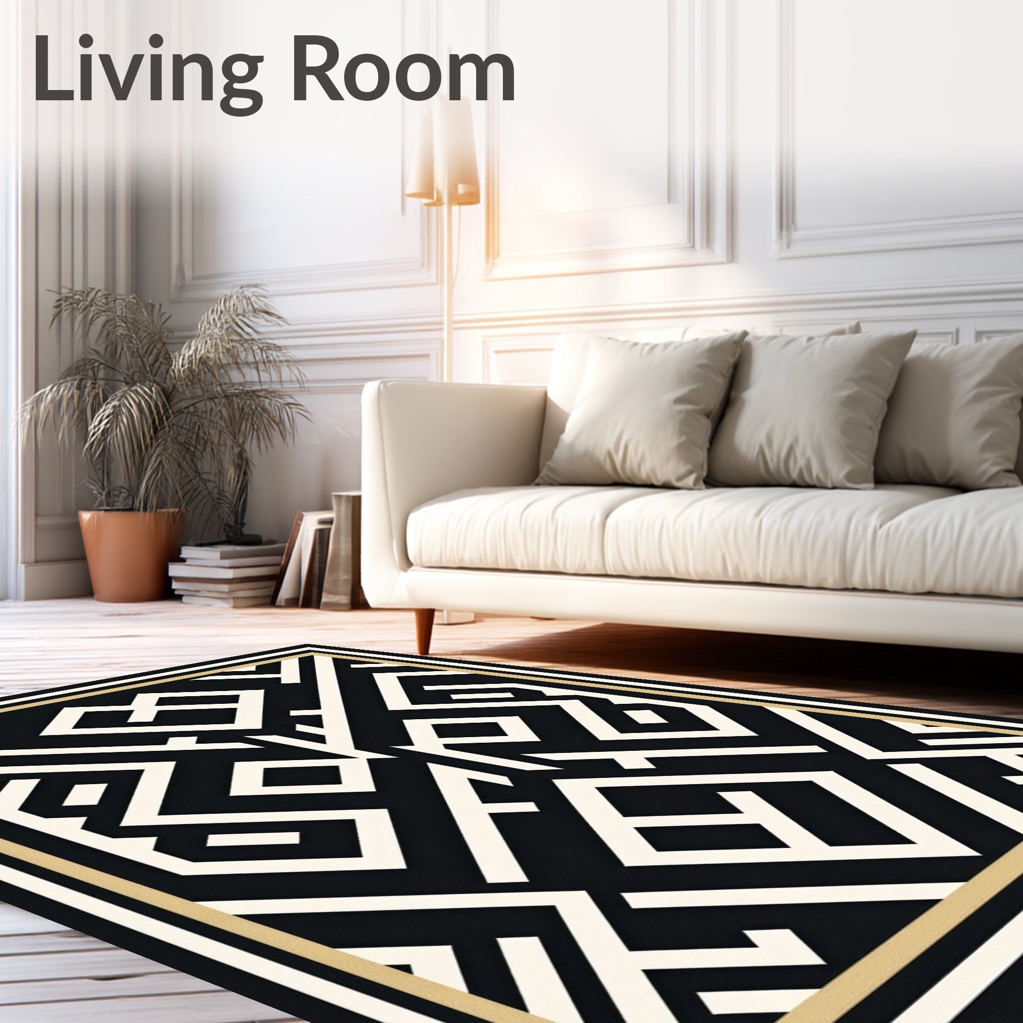 Black Geometric Maze Lines Rug