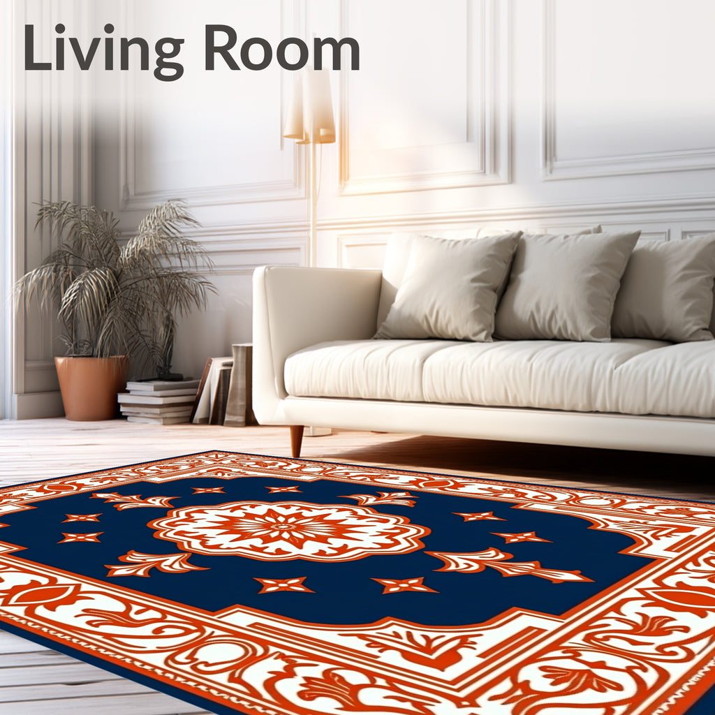 Traditional Navy Orange Floral Medallion Rug