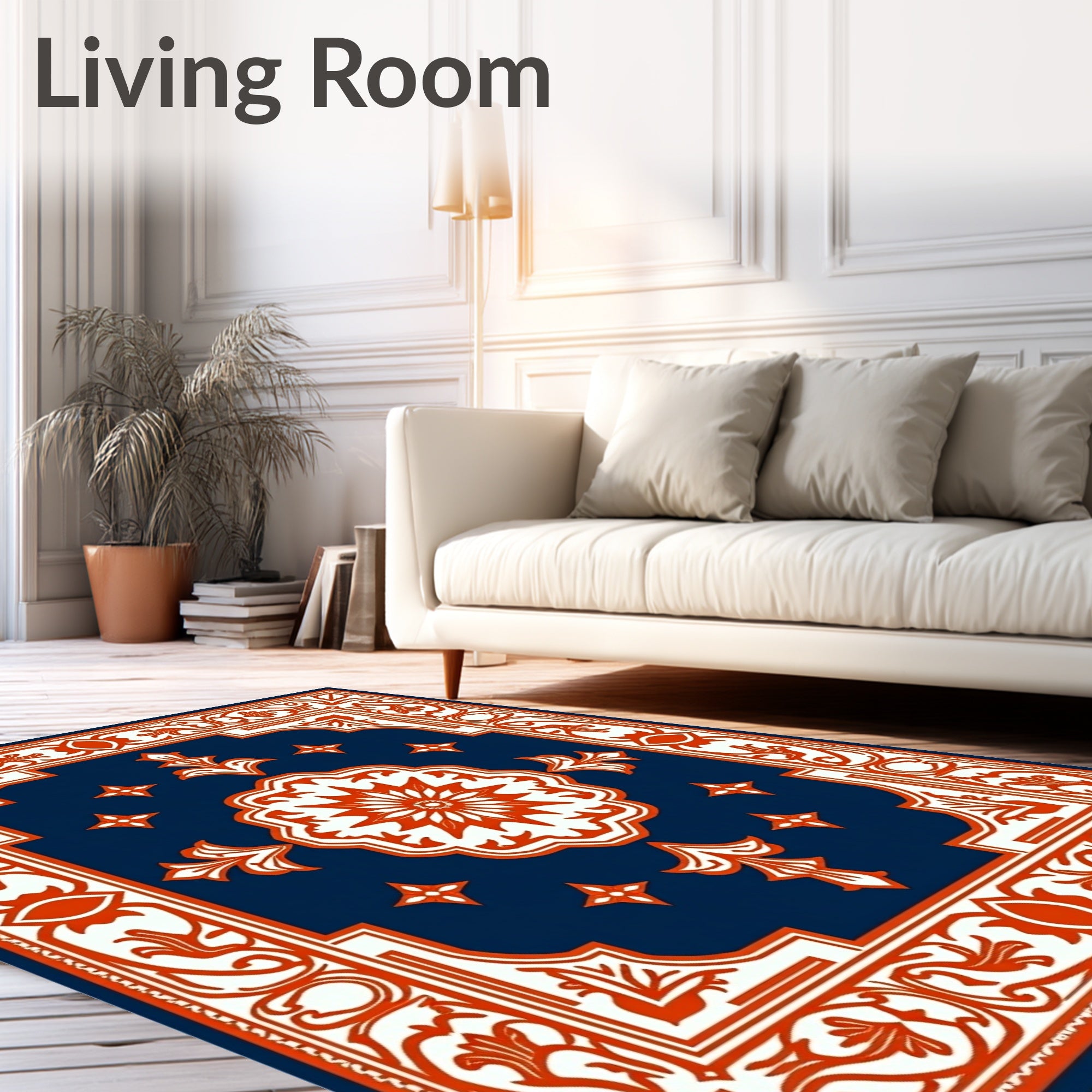 Traditional Navy Orange Floral Medallion Rug
