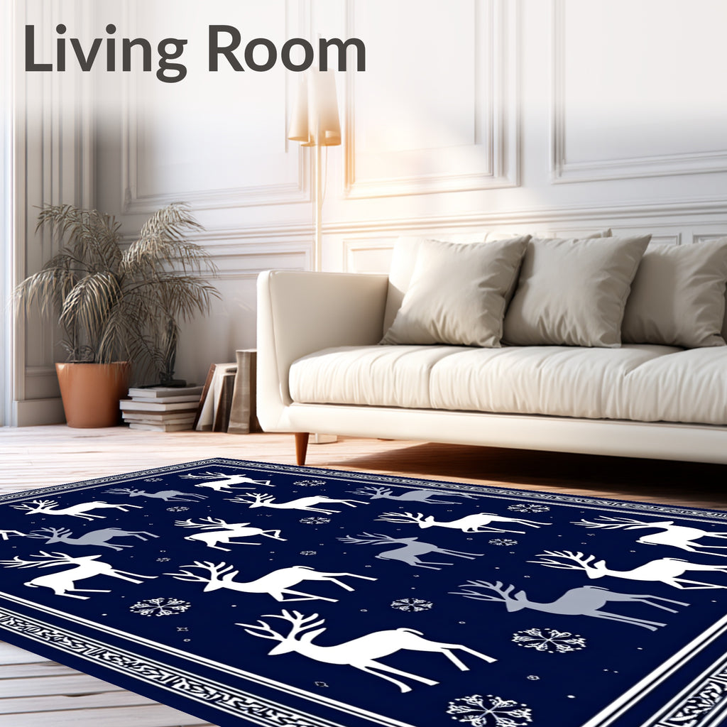 Winter White Reindeer Snowflakes Navy Rug