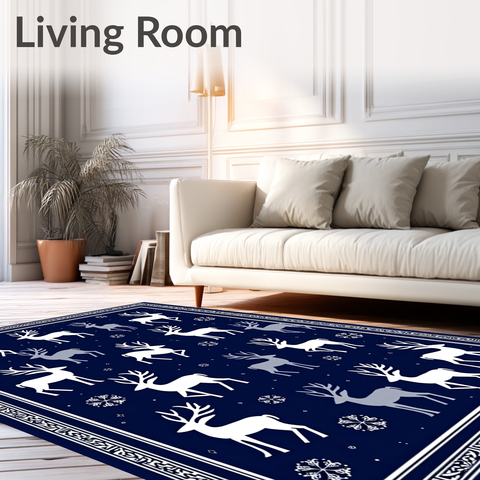 Winter White Reindeer Snowflakes Navy Rug