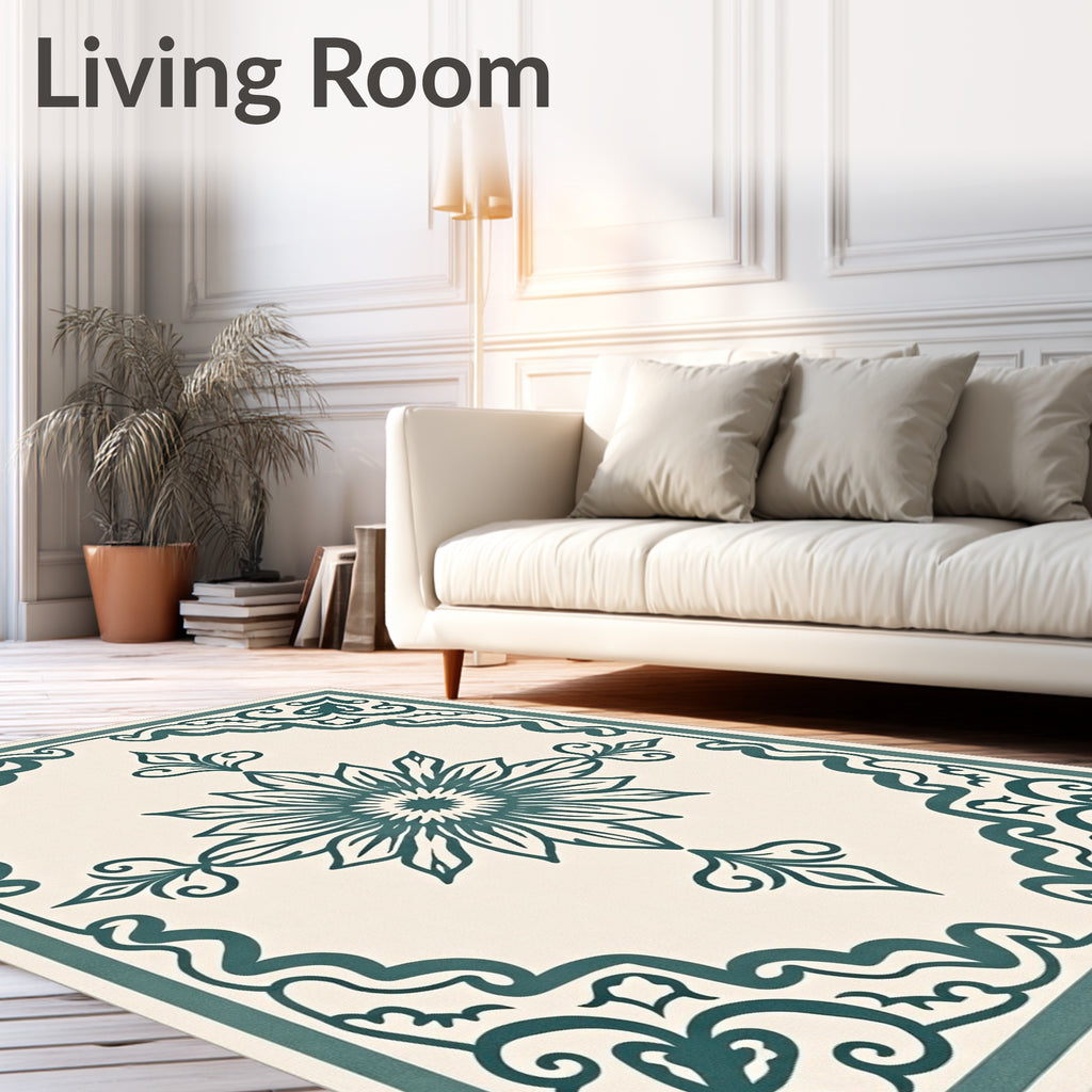 Ornate Teal Floral Centerpiece Border Rug