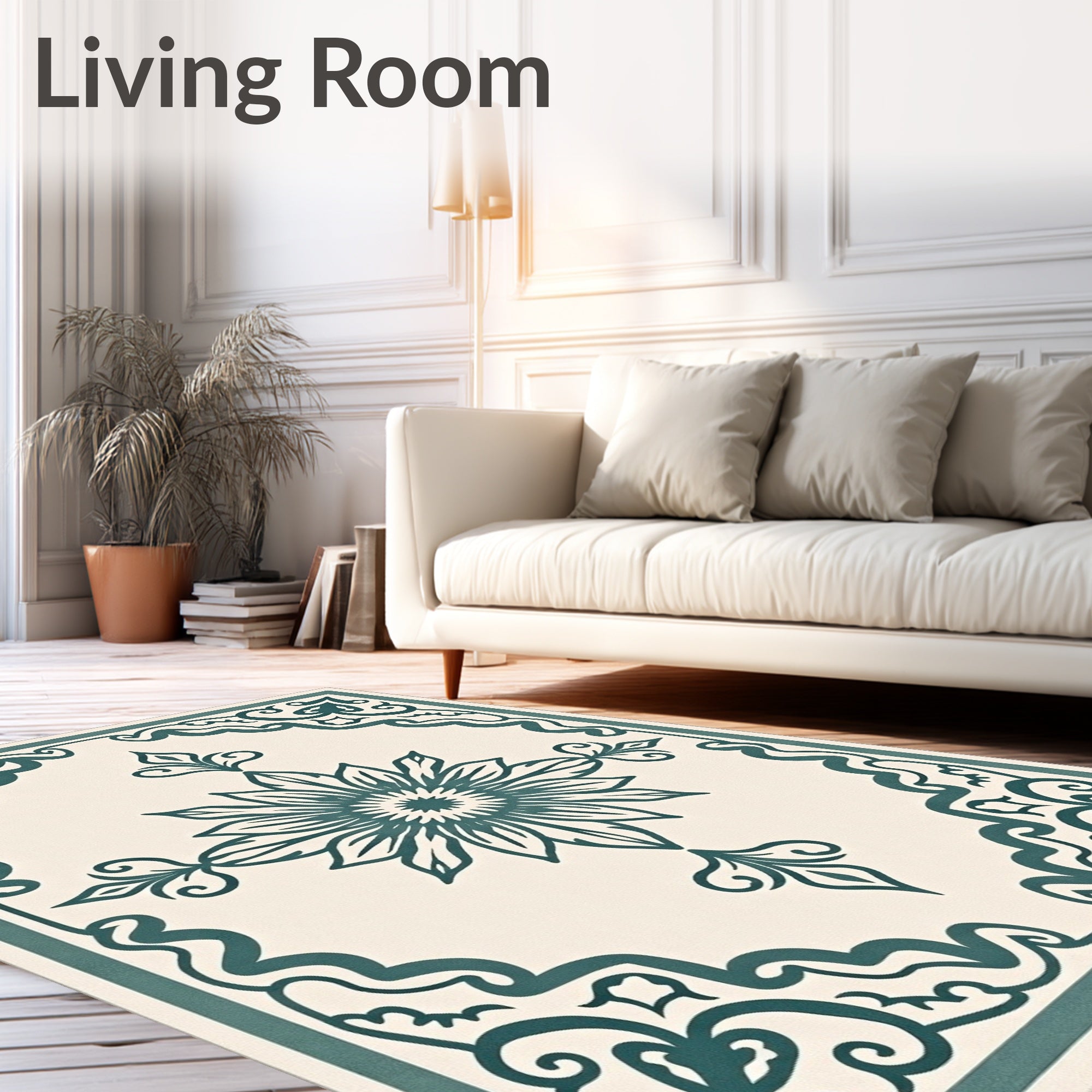 Ornate Teal Floral Centerpiece Border Rug