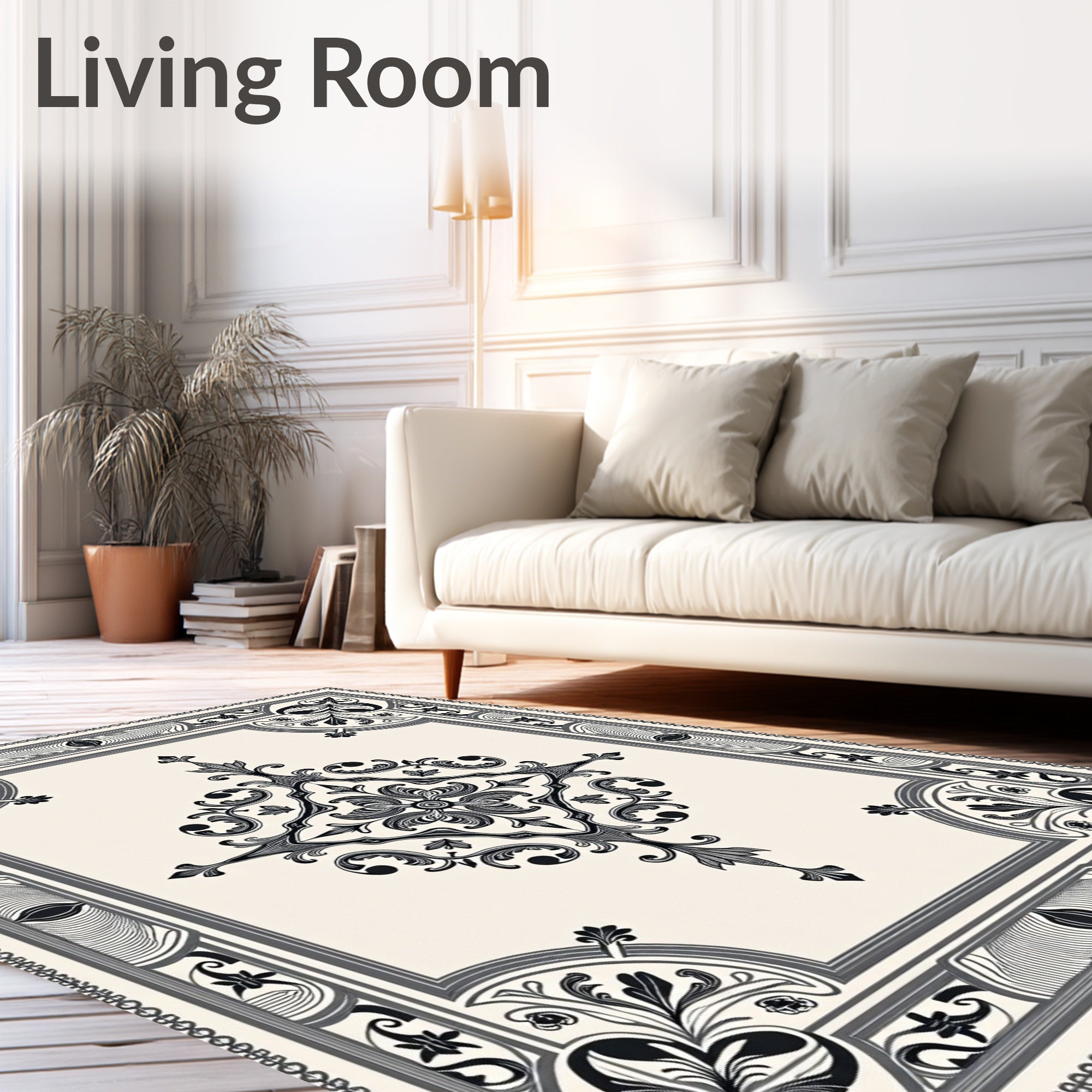 Elegant Black White Scrollwork Medallion Rug