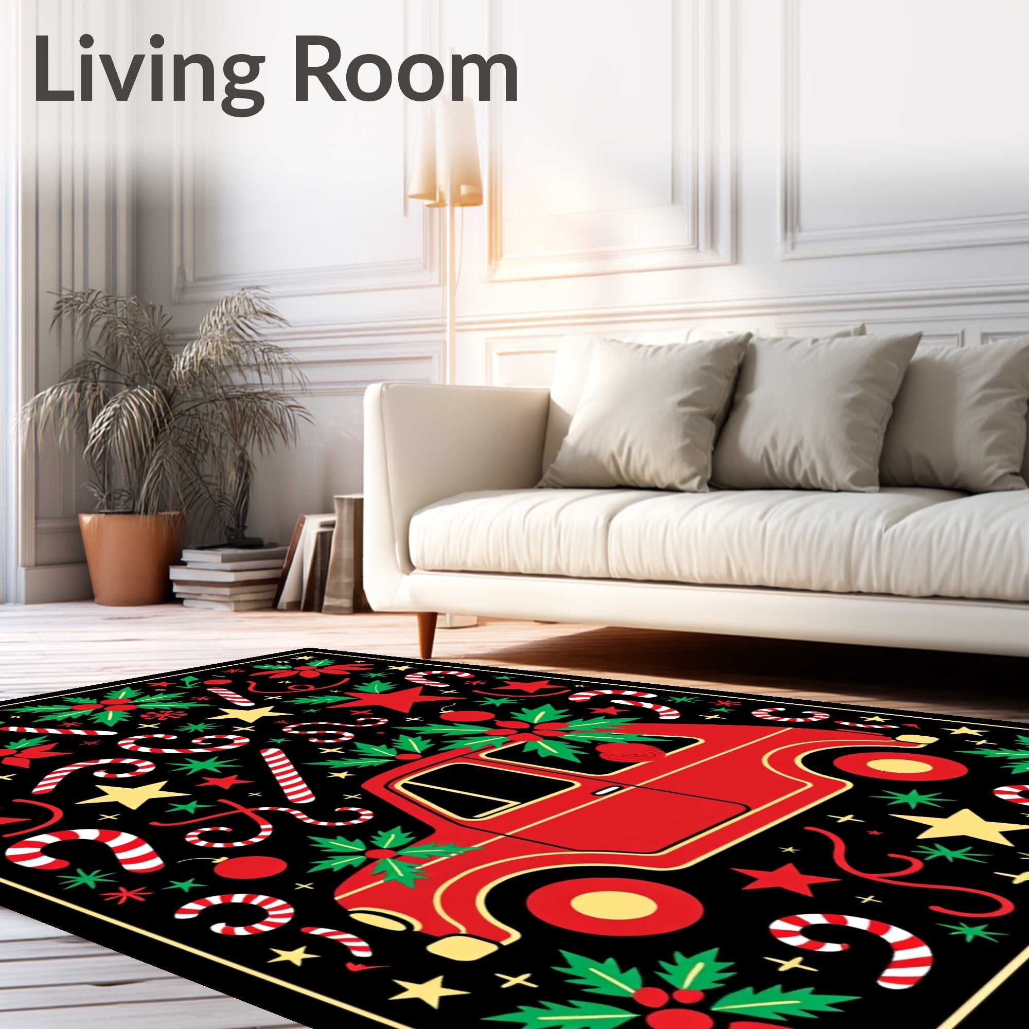 Retro Red Car Candy Cane Christmas Rug