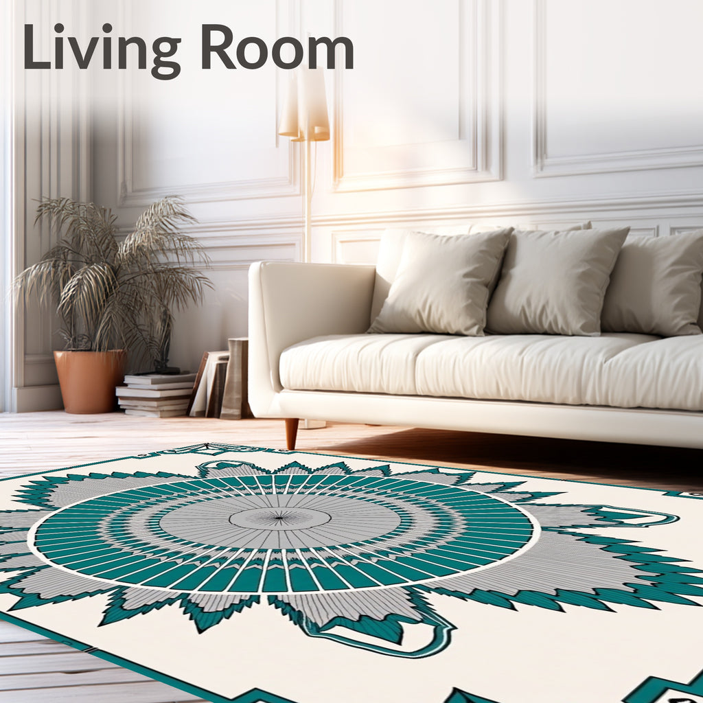 Teal Gray Sunburst Medallion Frame Rug