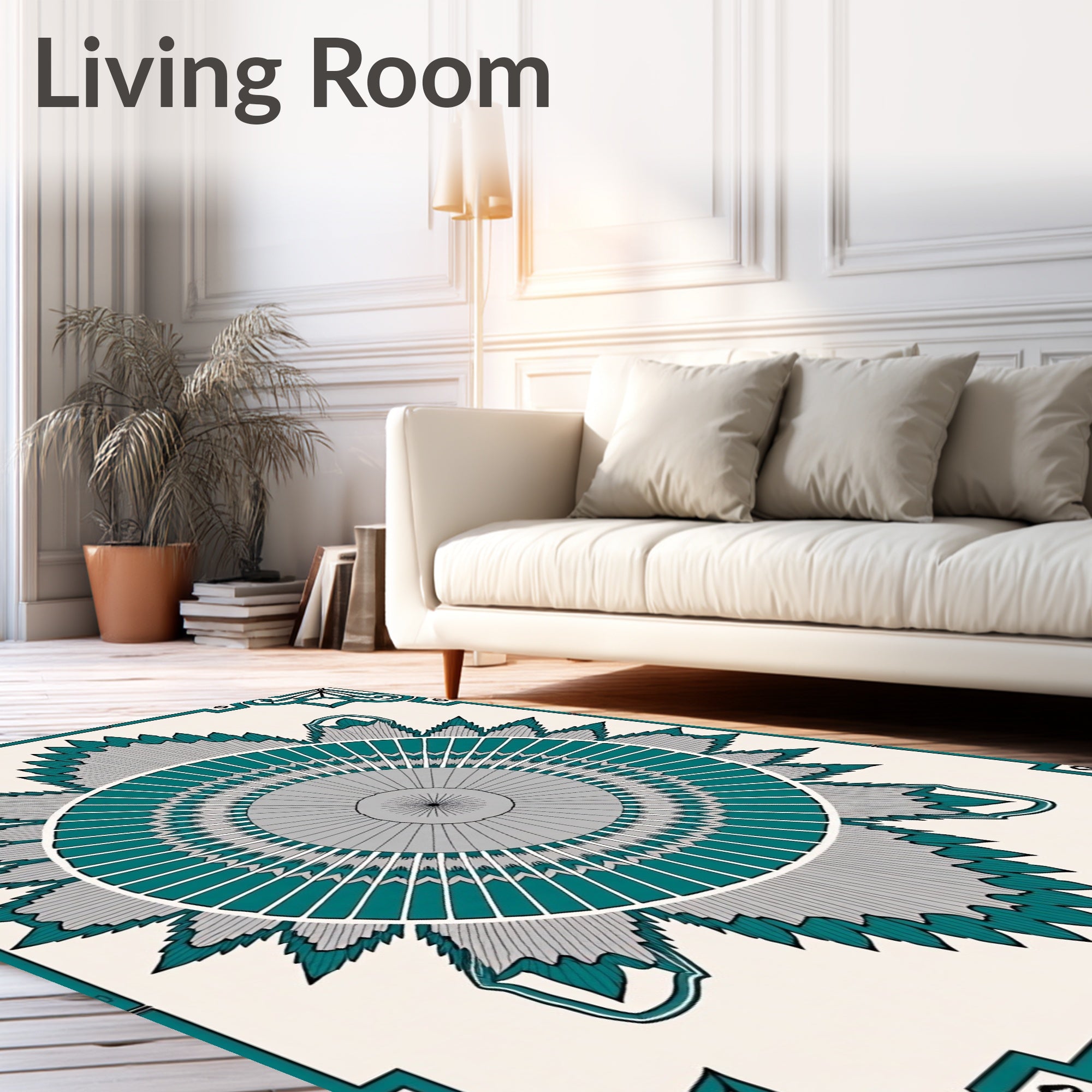 Teal Gray Sunburst Medallion Frame Rug