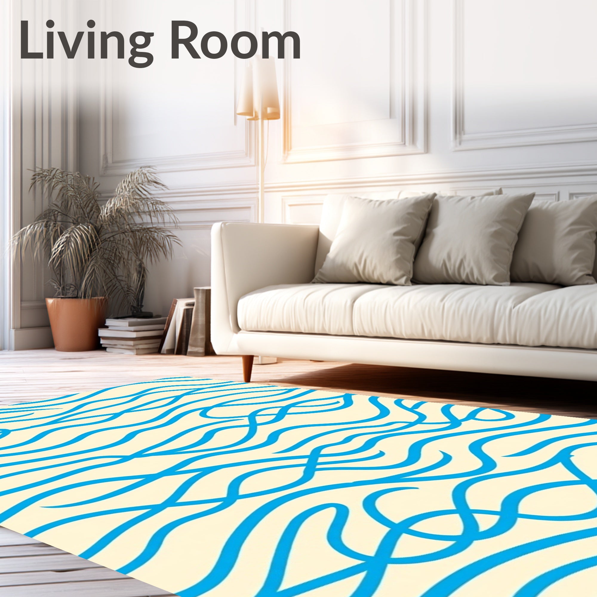 Blue Wavy Lines Cream Rug