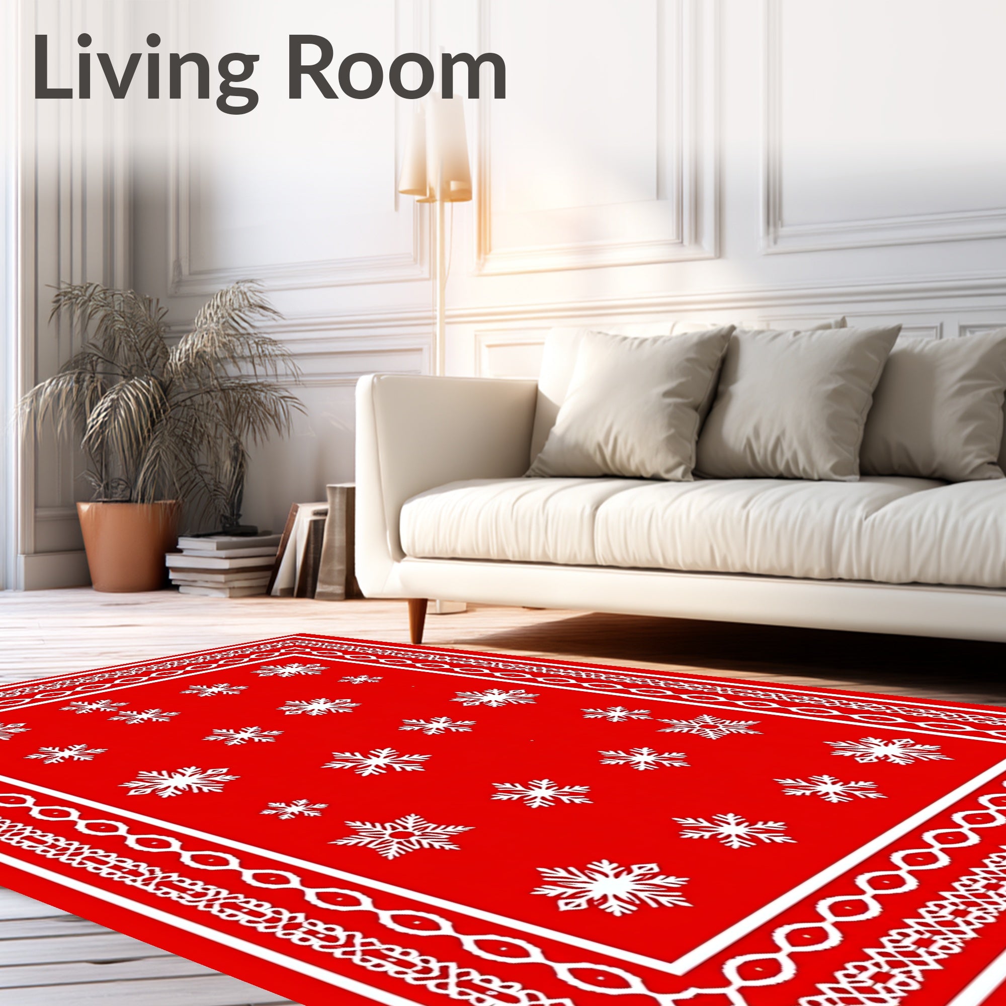 Red White Snowflake Ornate Border Rug
