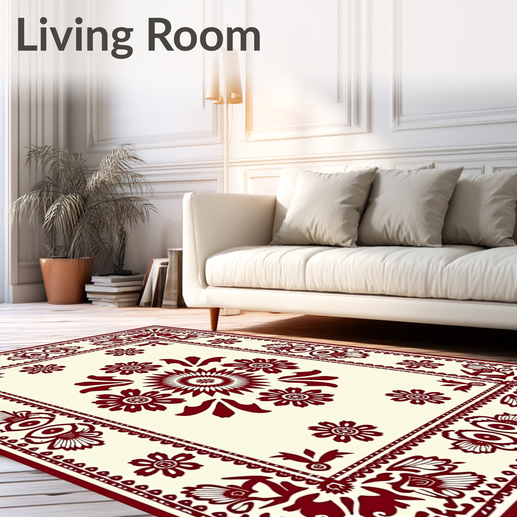 Crimson Botanical Border With Blooms Rug