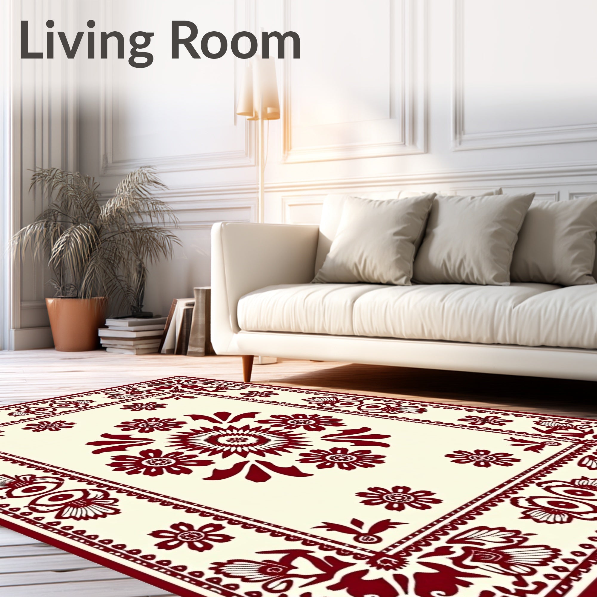 Crimson Botanical Border With Blooms Rug