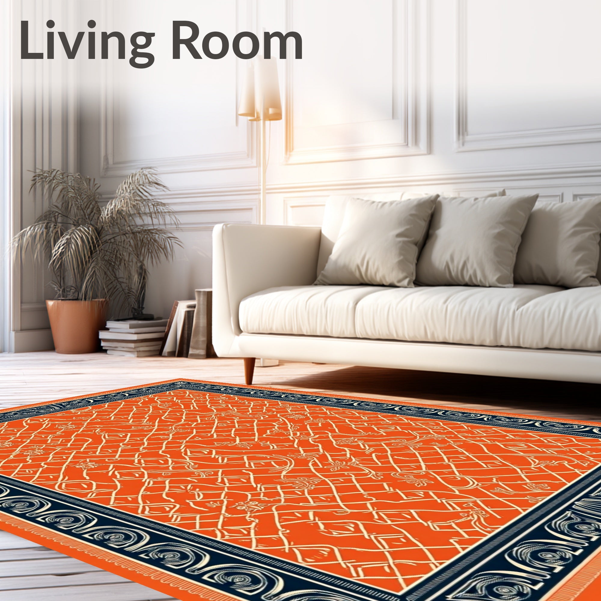 Vibrant Orange Lattice Floral Border Rug