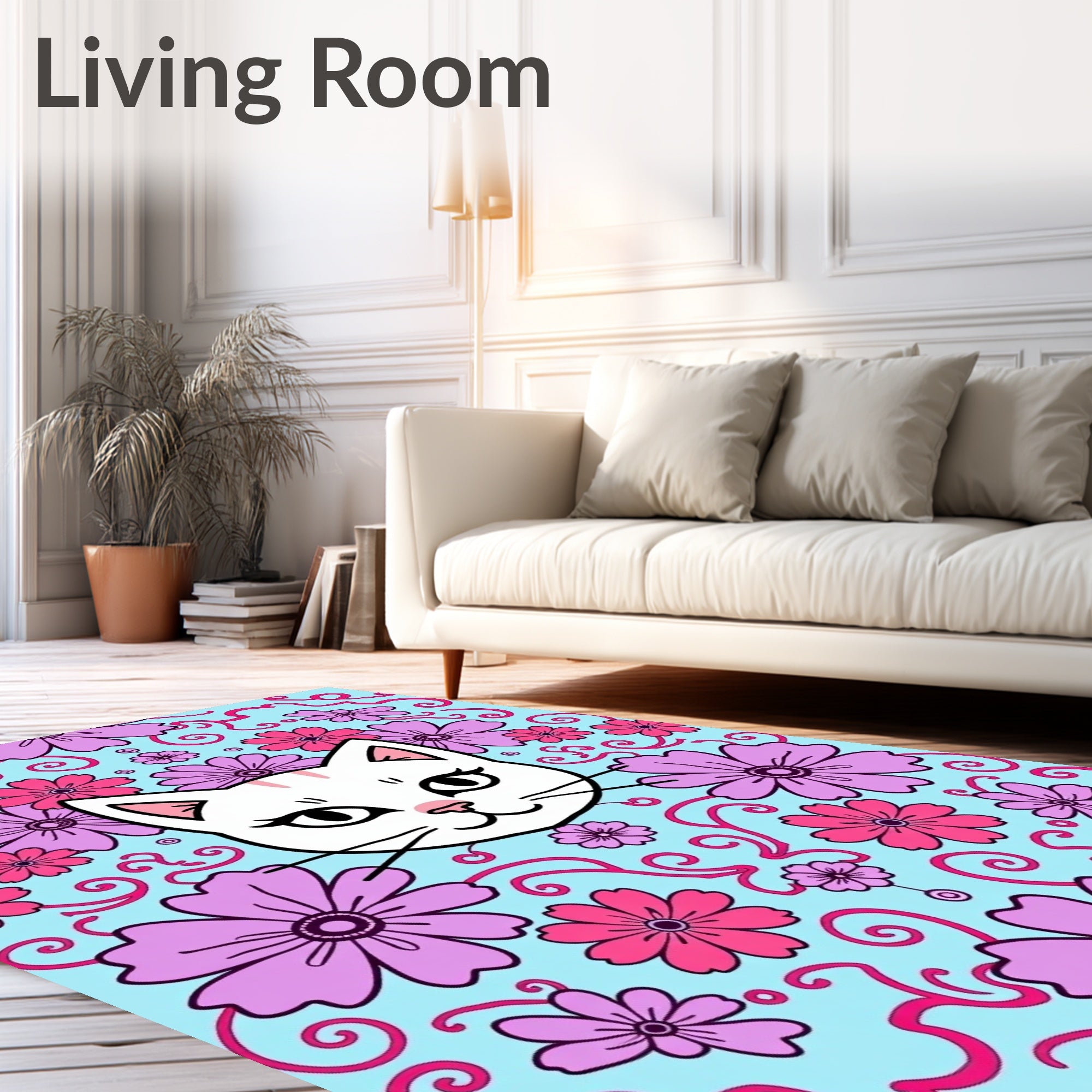 Whimsical White Cat Pink Floral Swirl Rug