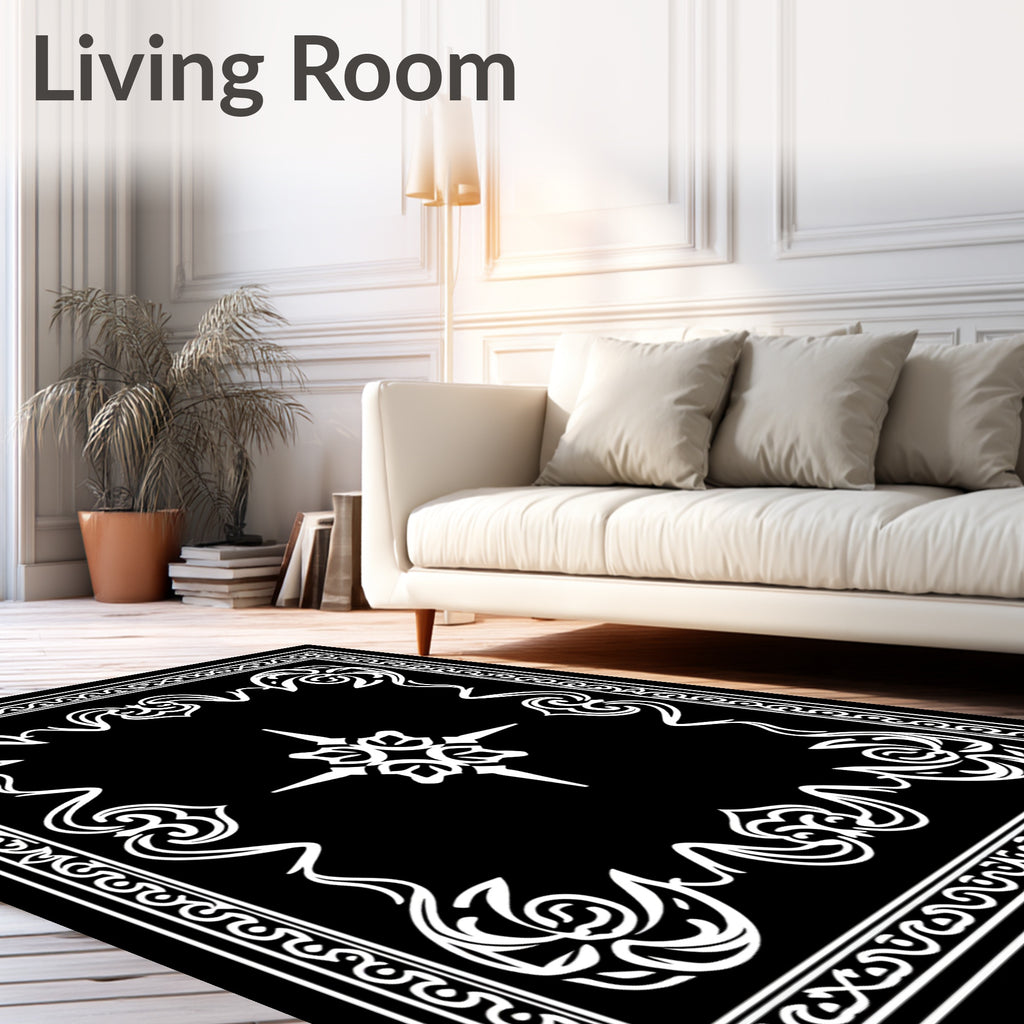 Black White Elegant Filigree Scroll Rug