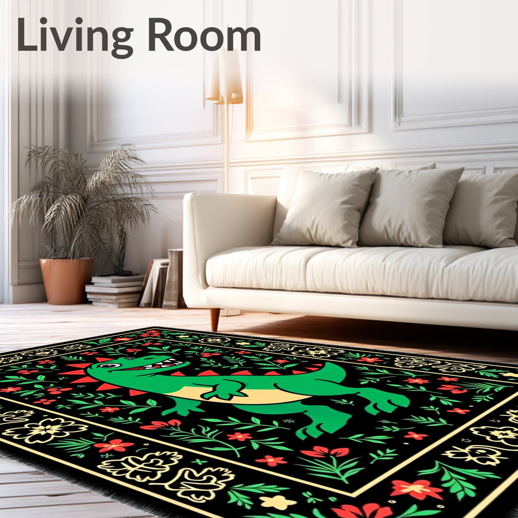 Green Dinosaur Floral Border Rug