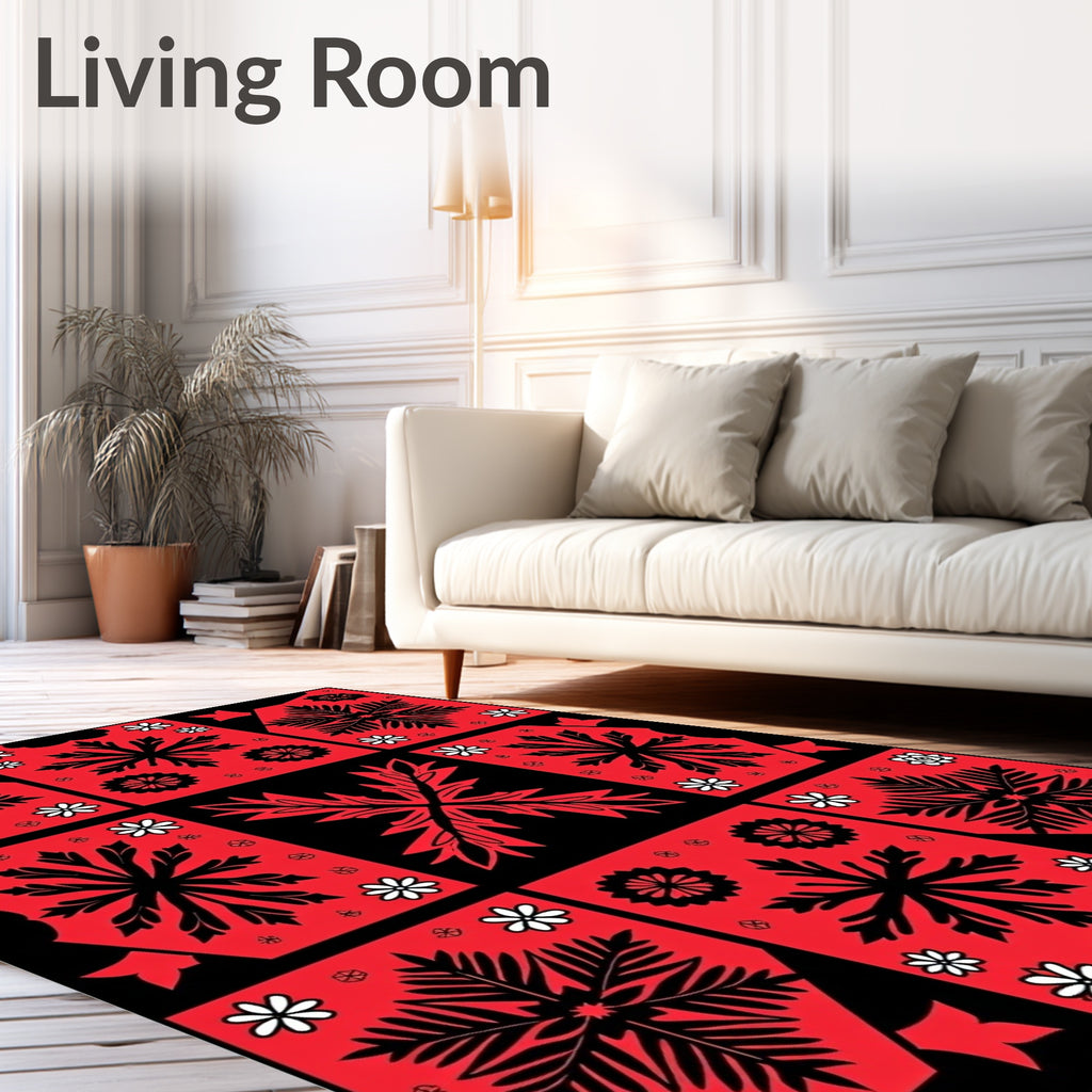 Bold Red Black Floral Medallion Arrangement Rug