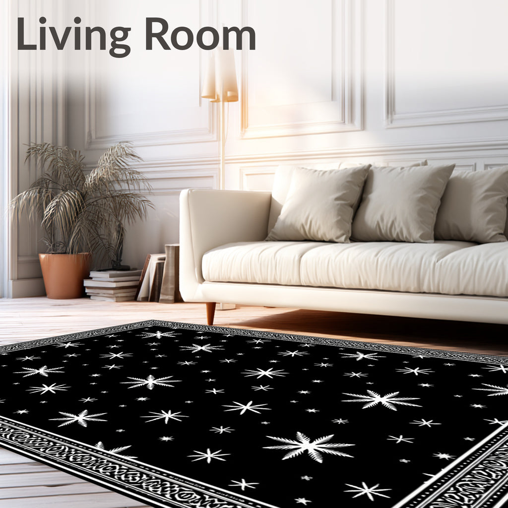 Black Snowflakes Detailed Border Rug