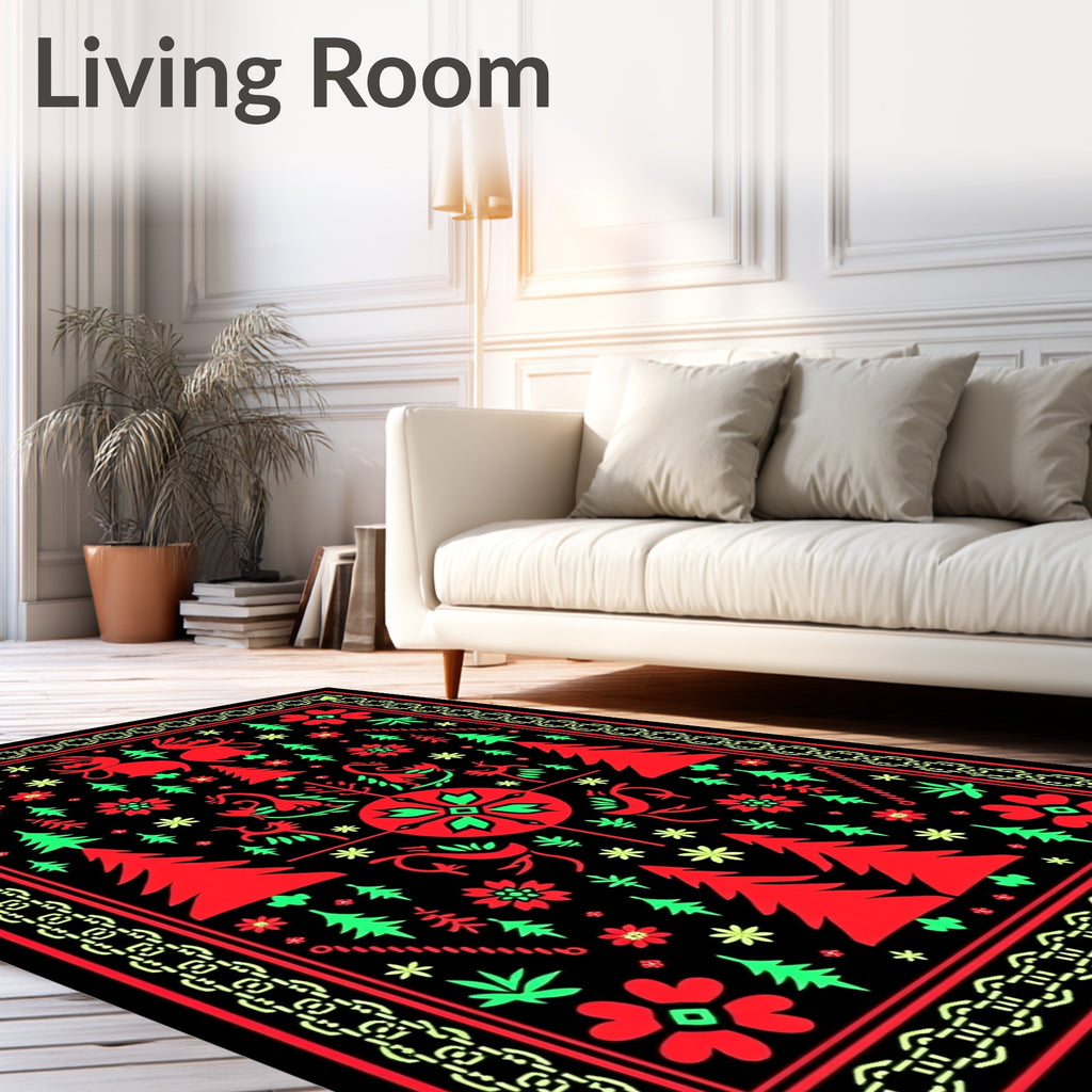 Bold Red Green Folk Art Trees Rug
