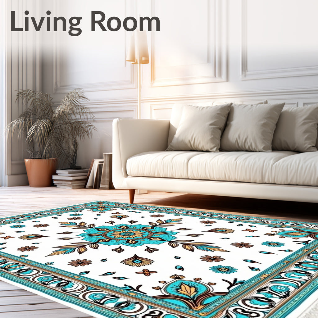 Aqua and Gold Floral Medallion Rug